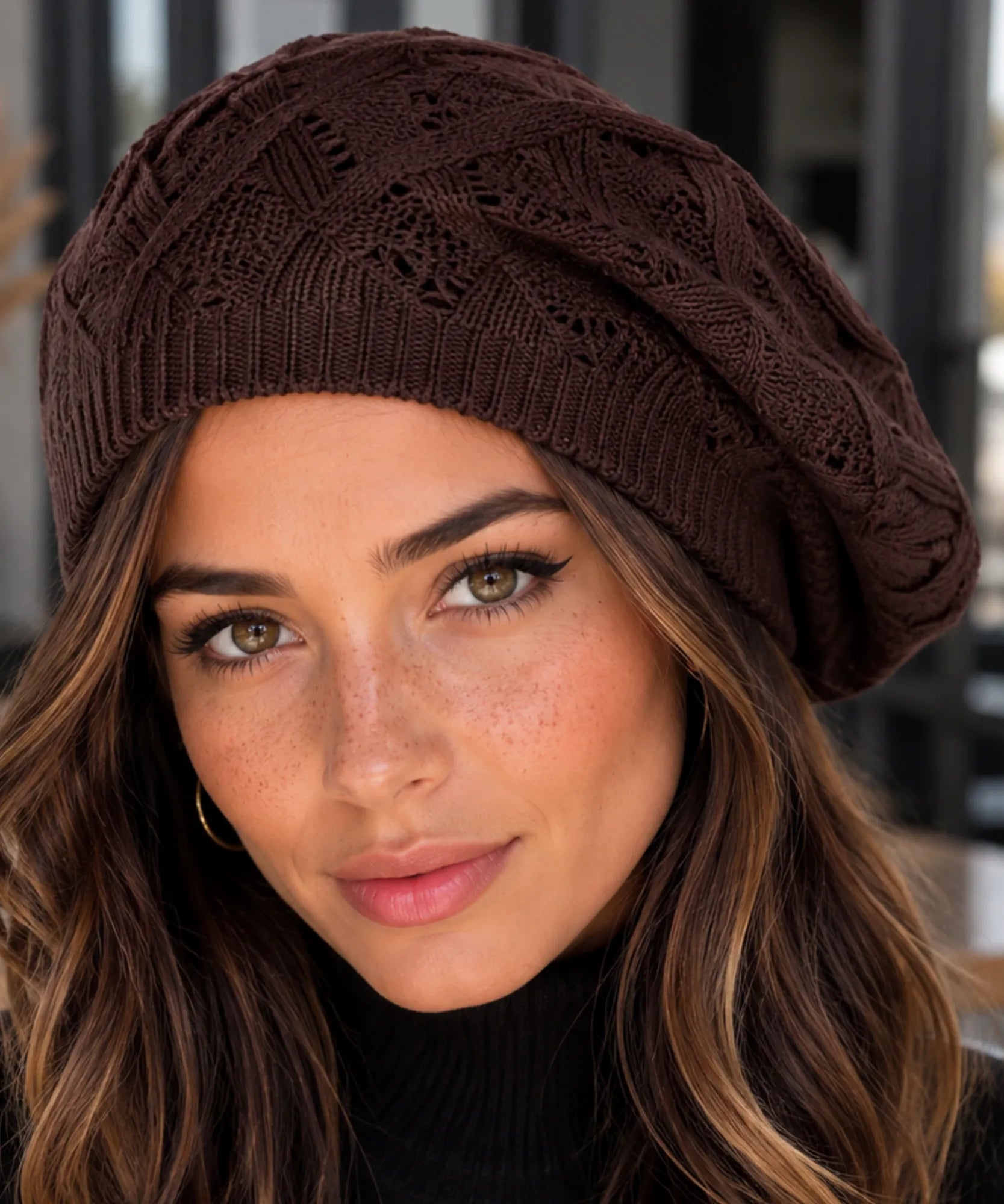 Women's Chestnut Openwork Knit French Beret