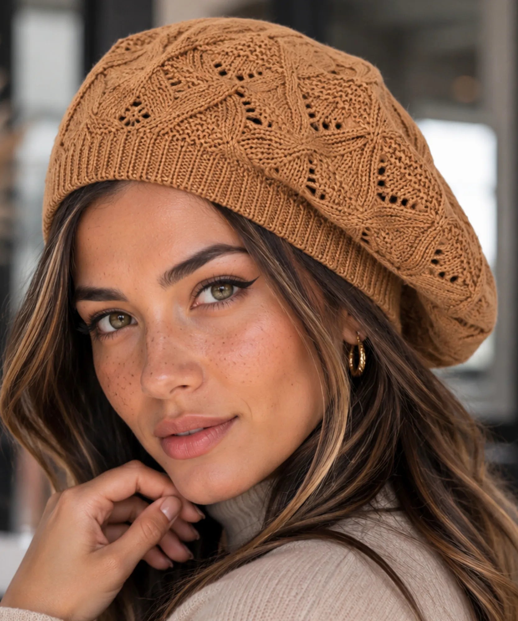 Women's Chestnut Openwork Knit French Beret