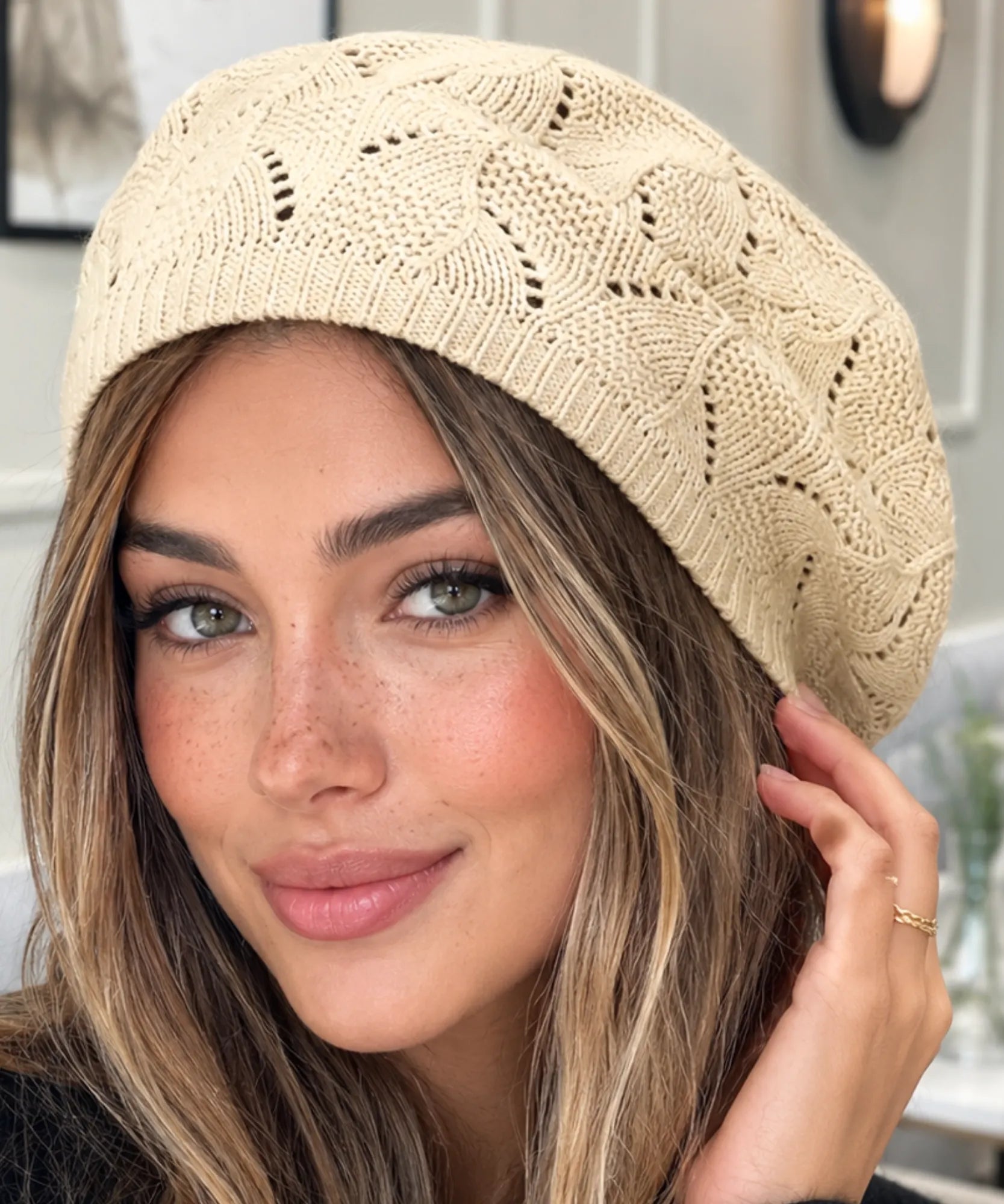 Women's Ivory Openwork Knit French Beret