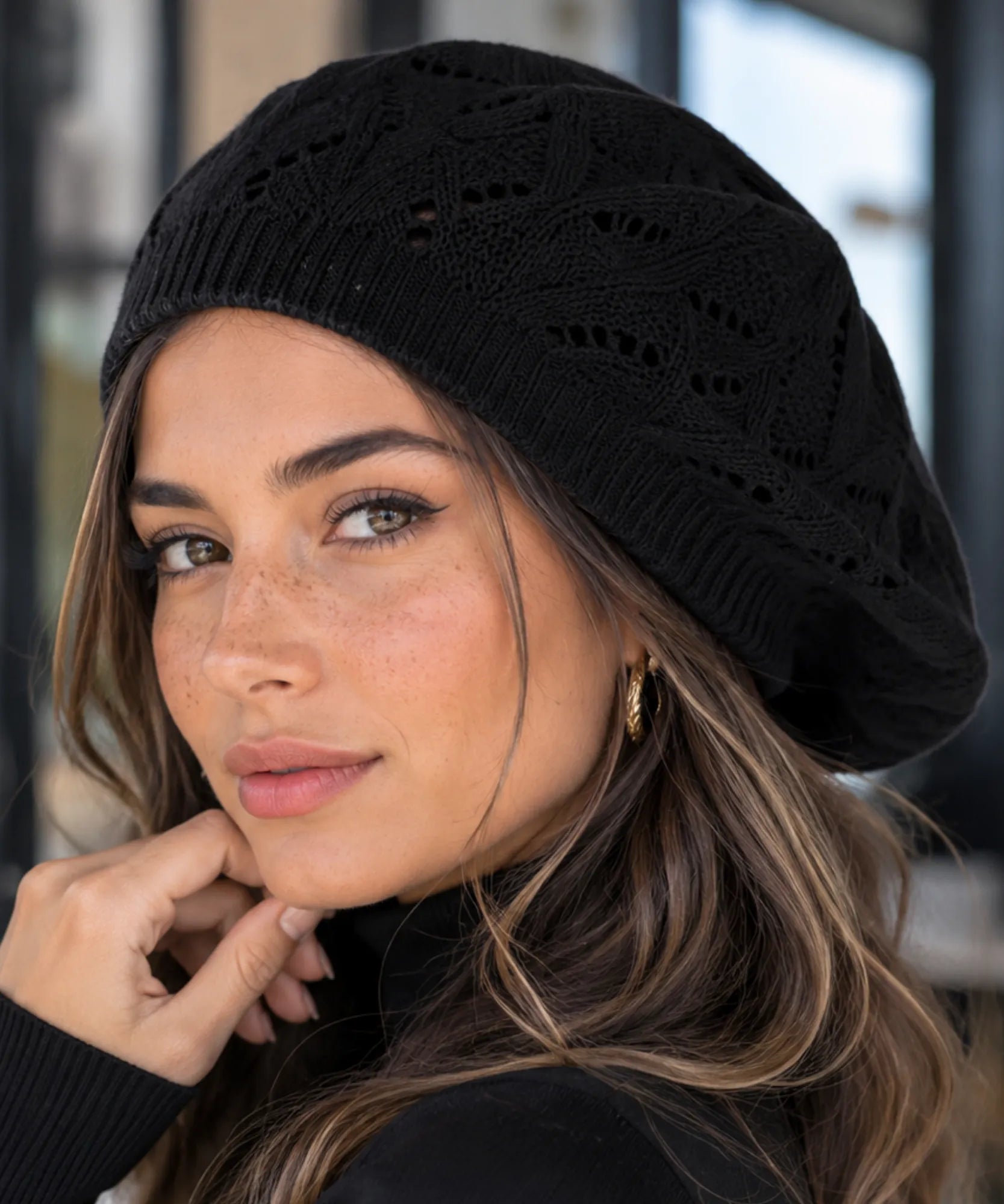 Women's Black Openwork Knit French Beret