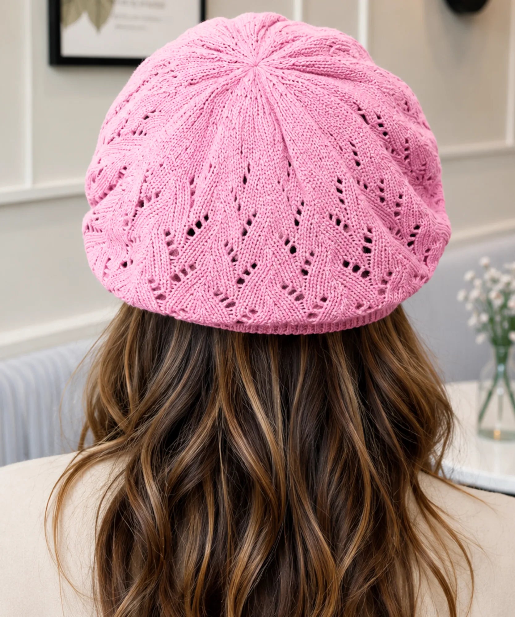 Women's Pink Openwork Knit French Beret