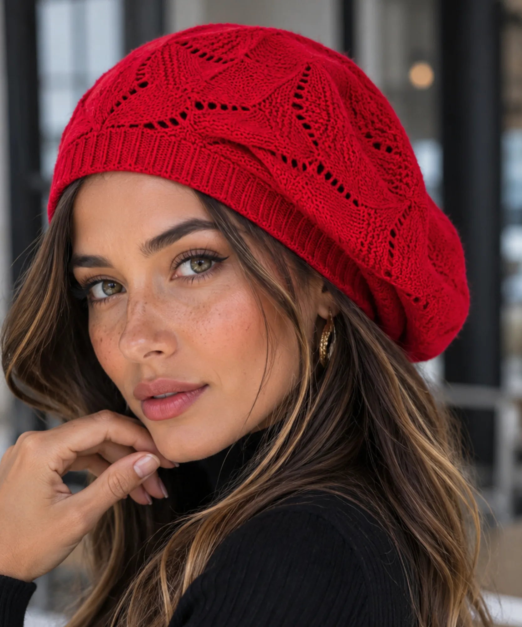 Women's Red Openwork Knit French Beret