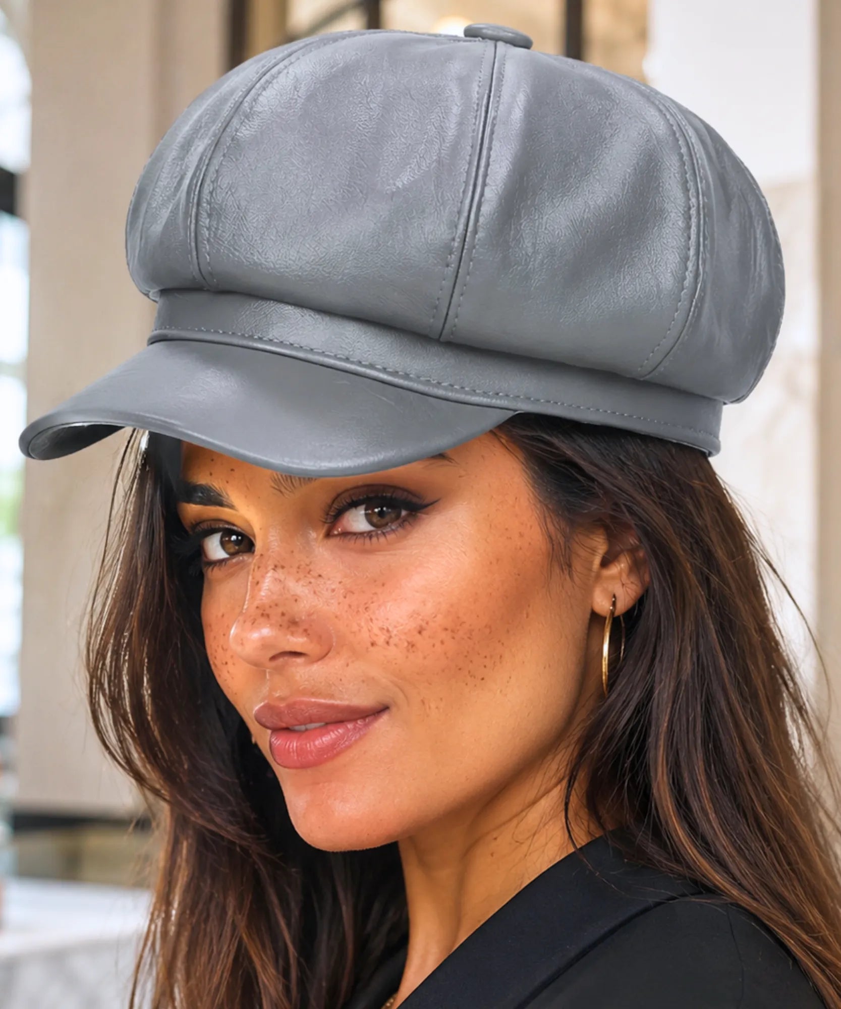 Women's Grey Leather Newsboy Cap