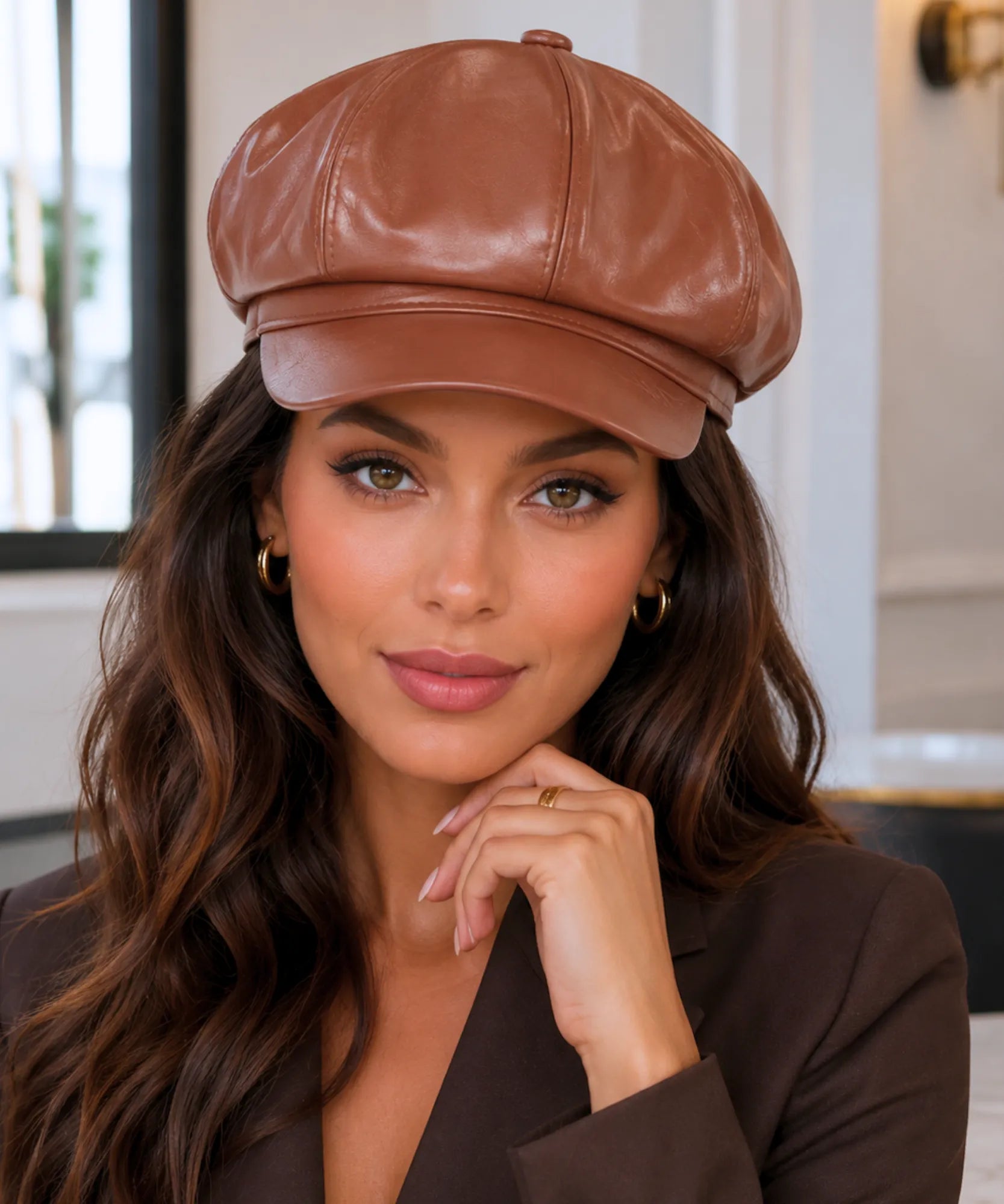 Women's Cognac Leather Newsboy Cap