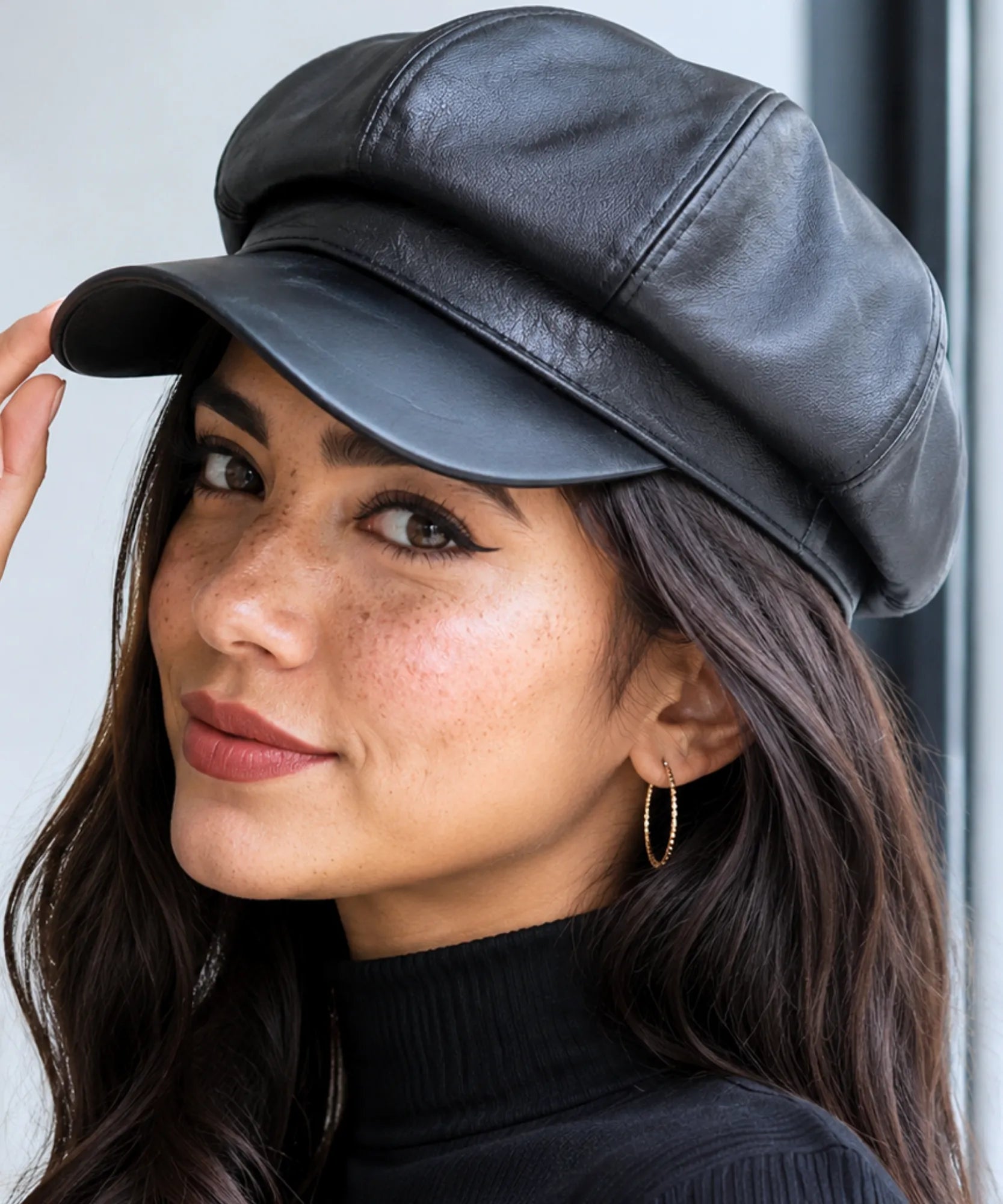 Women's Black Leather Newsboy Cap