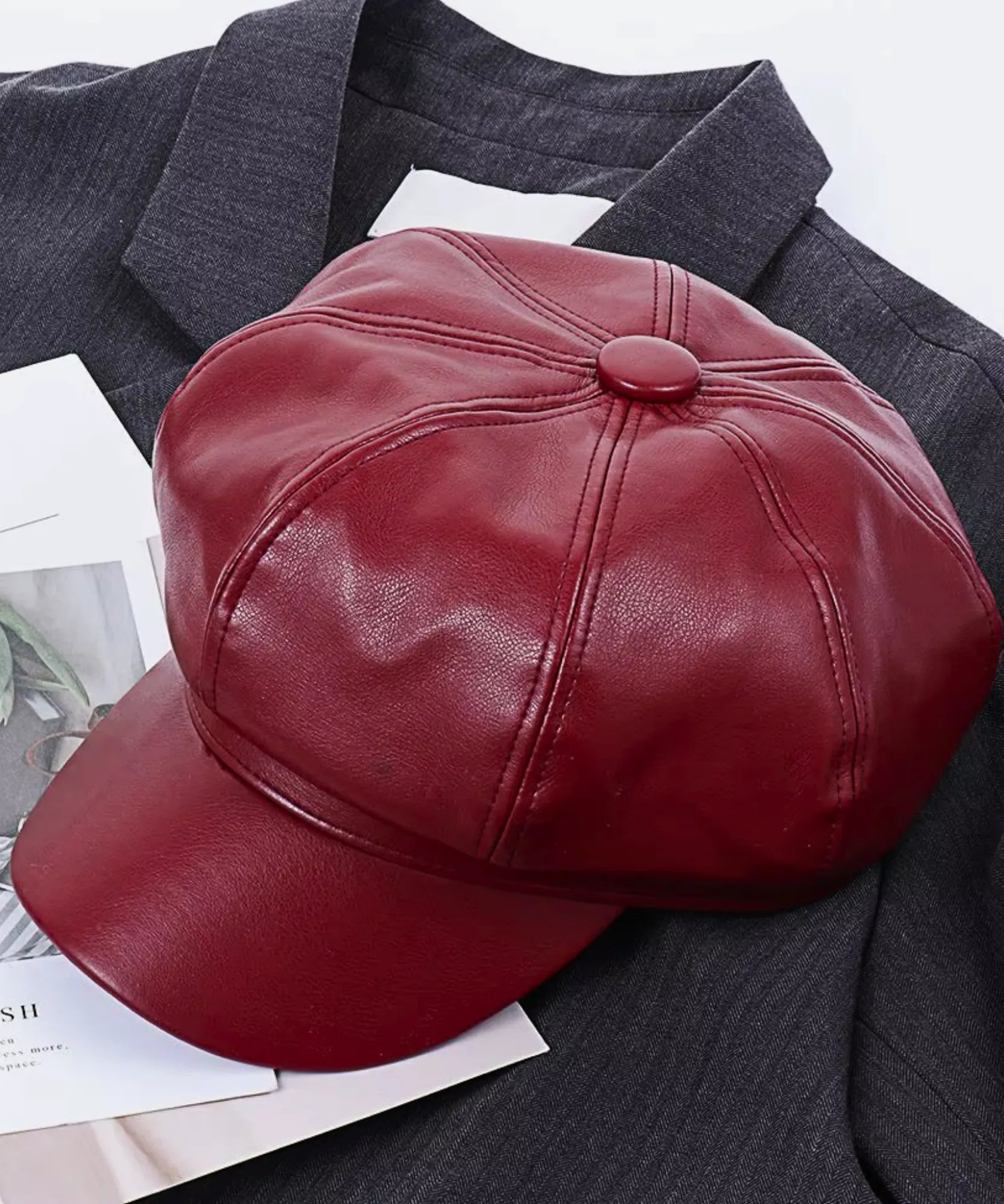 Women's Burgundy Leather Newsboy Cap