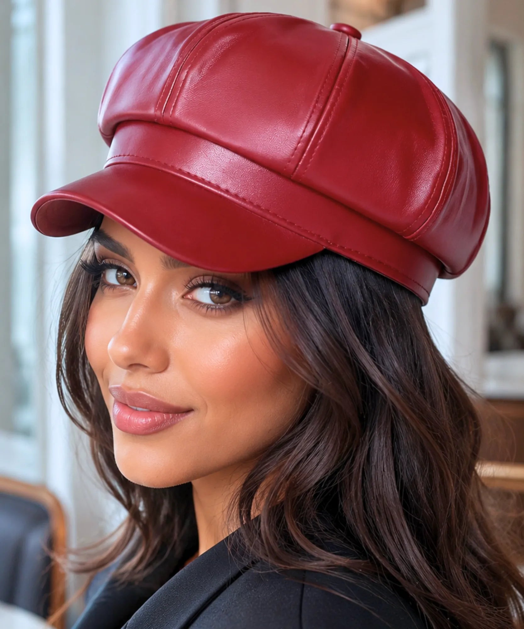 Women's Burgundy Leather Newsboy Cap