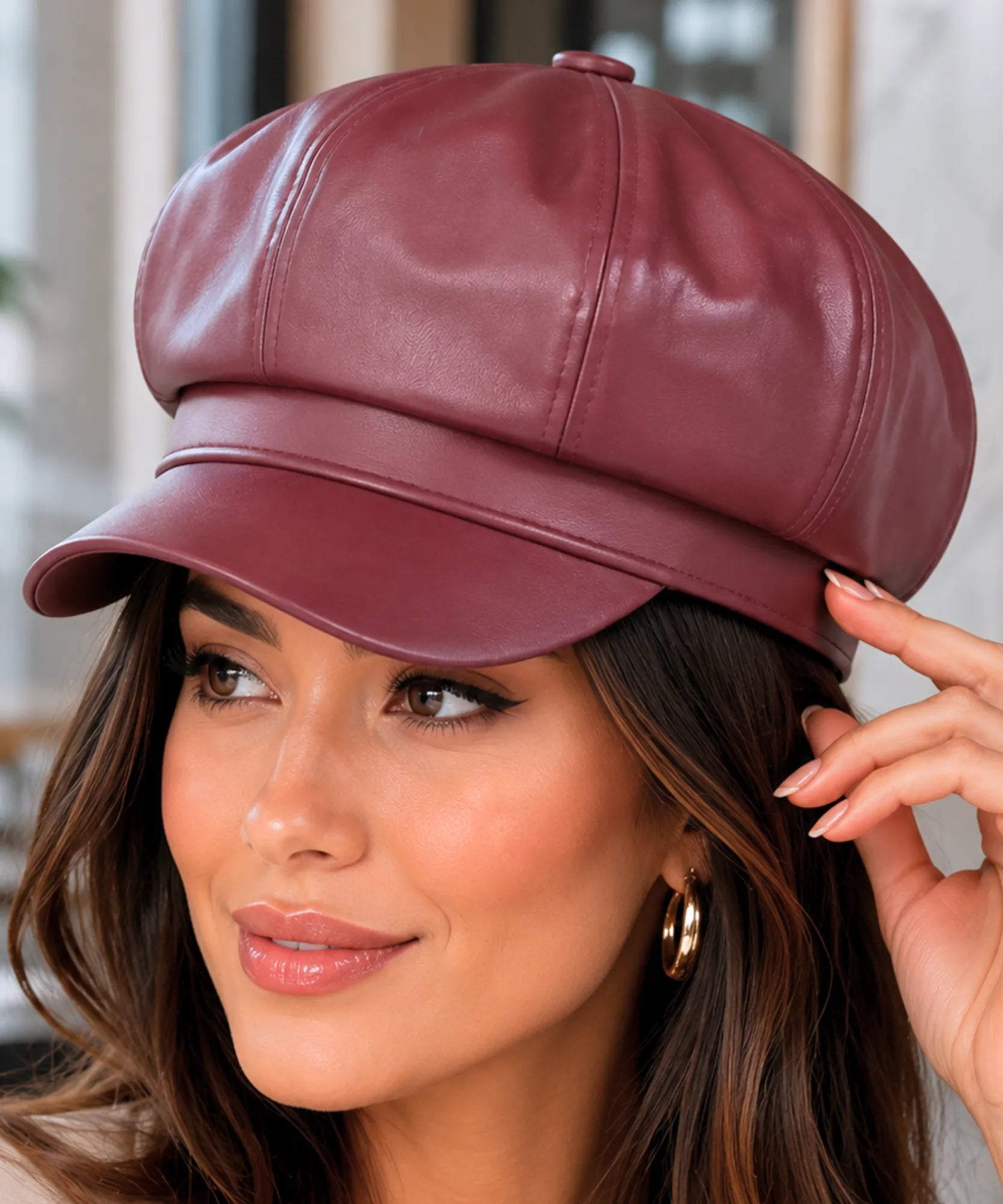 Women's Burgundy Leather Newsboy Cap