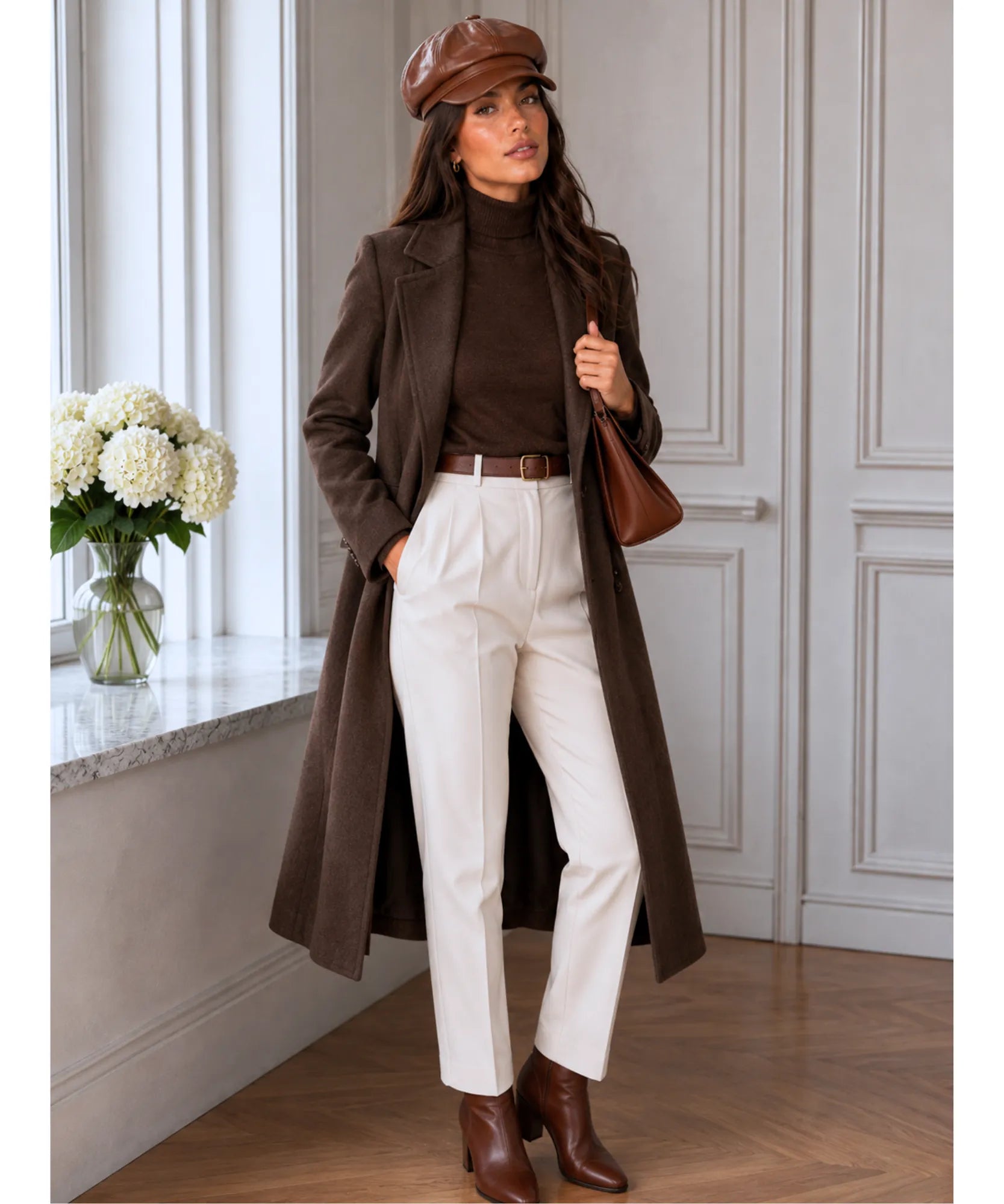 Women's Cognac Leather Newsboy Cap