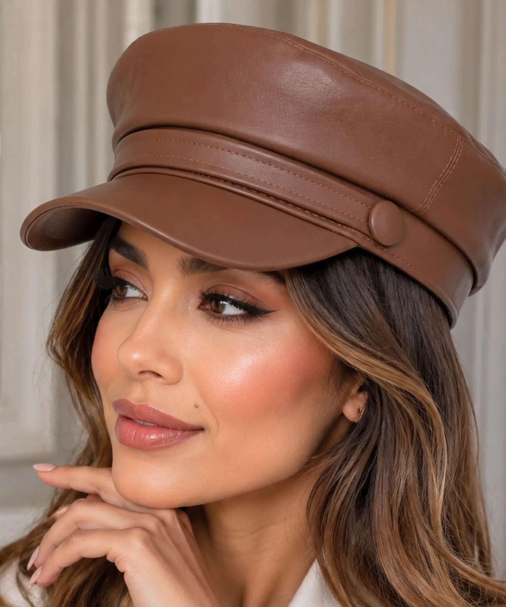 Women's Cognac Leather Newsboy Cap