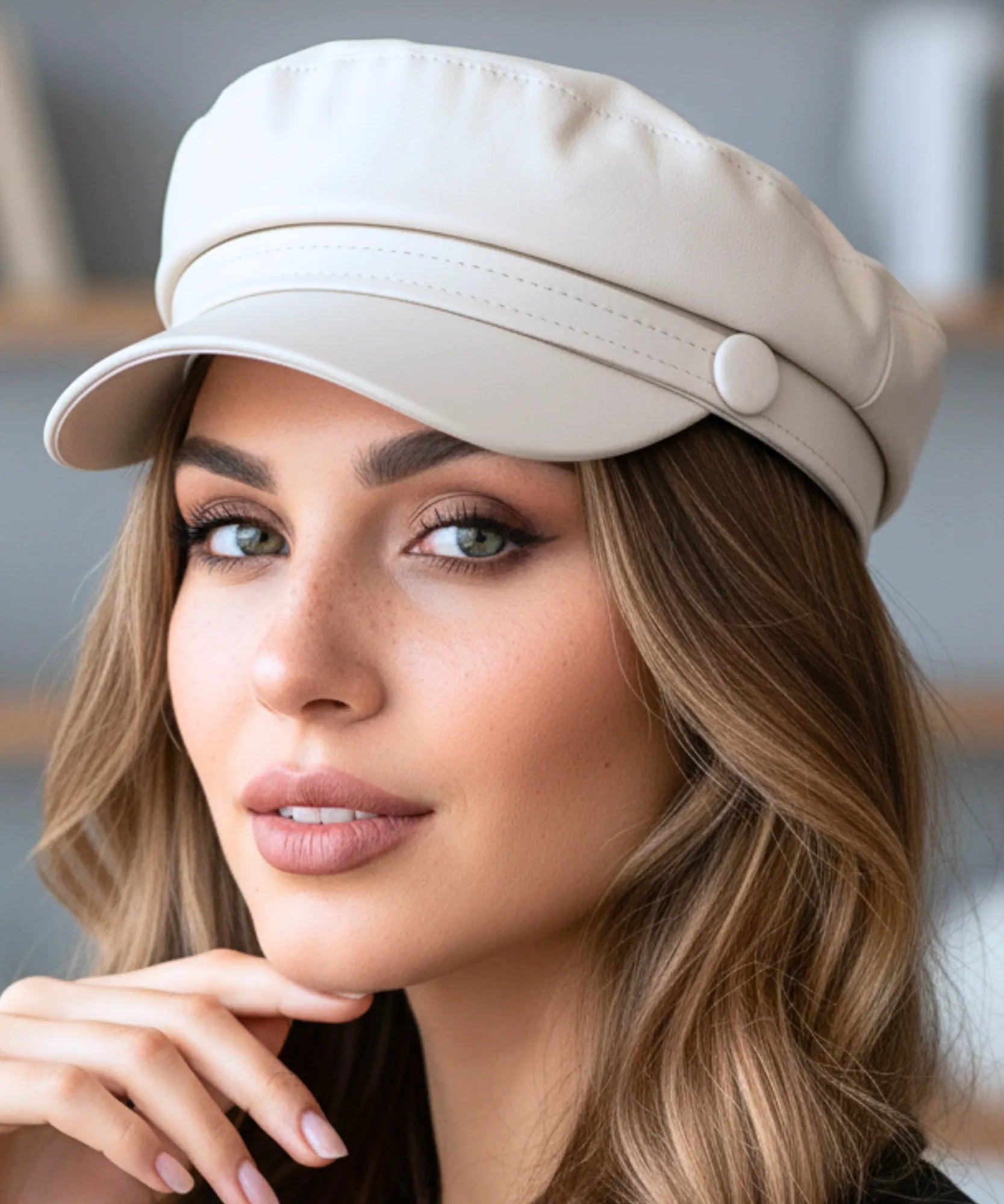 Women's Ivory Leather Newsboy Cap
