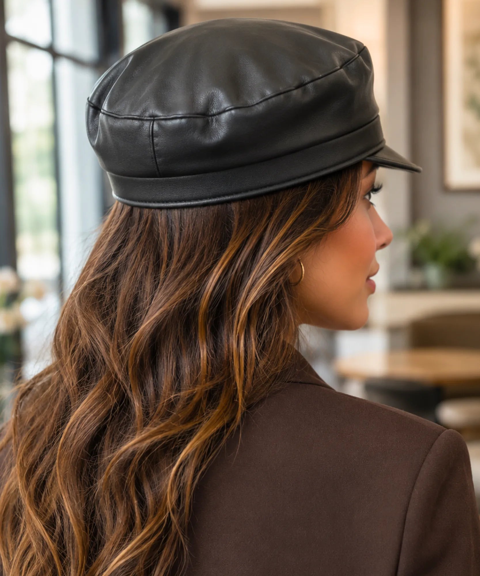 Women's Black Leather Newsboy Cap