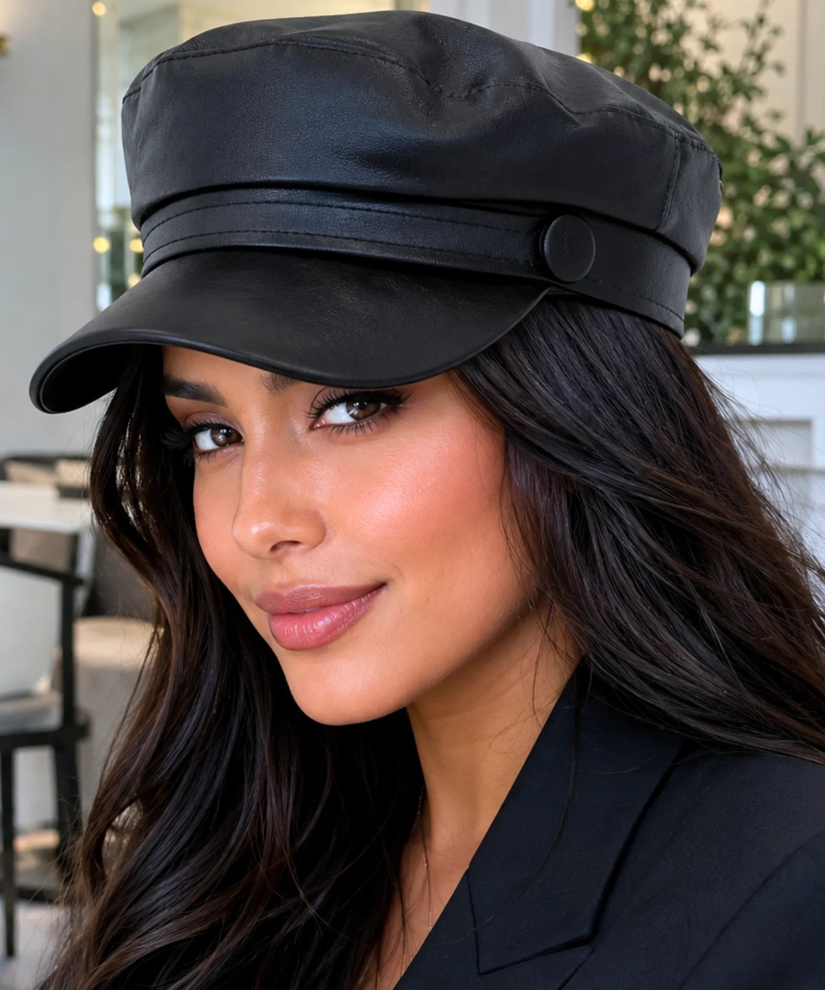 Women's Black Leather Newsboy Cap