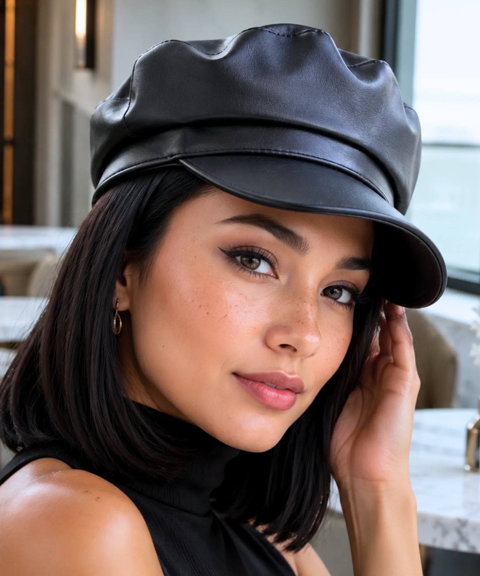 Women's Black Leather Newsboy Cap