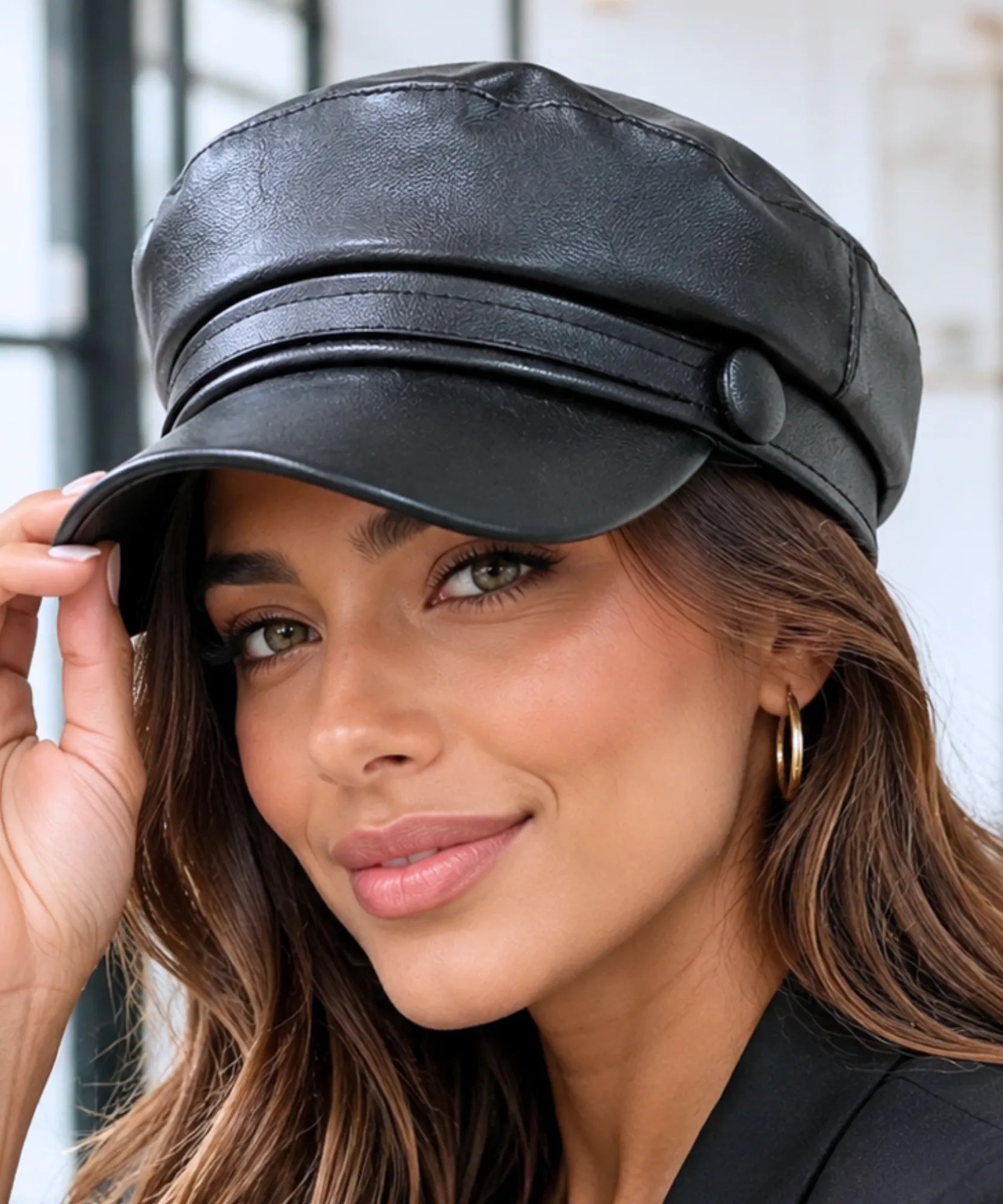 Women's Black Leather Newsboy Cap