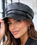 Women's Black Leather Newsboy Cap