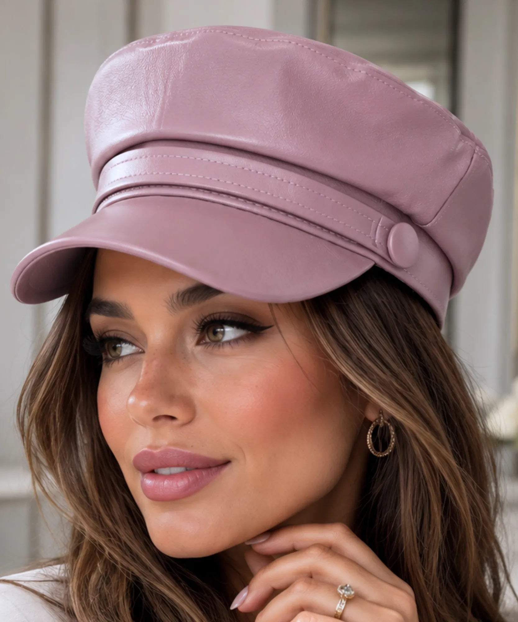 Women's Dusty Rose Leather Newsboy Cap