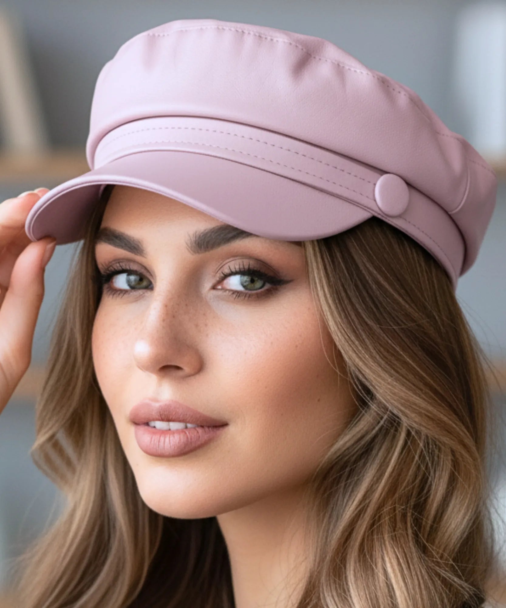 Women's Dusty Rose Leather Newsboy Cap