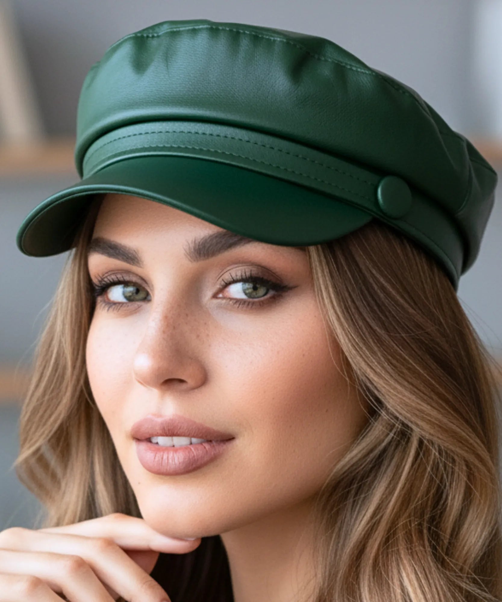 Women's Olive Green Leather Newsboy Cap