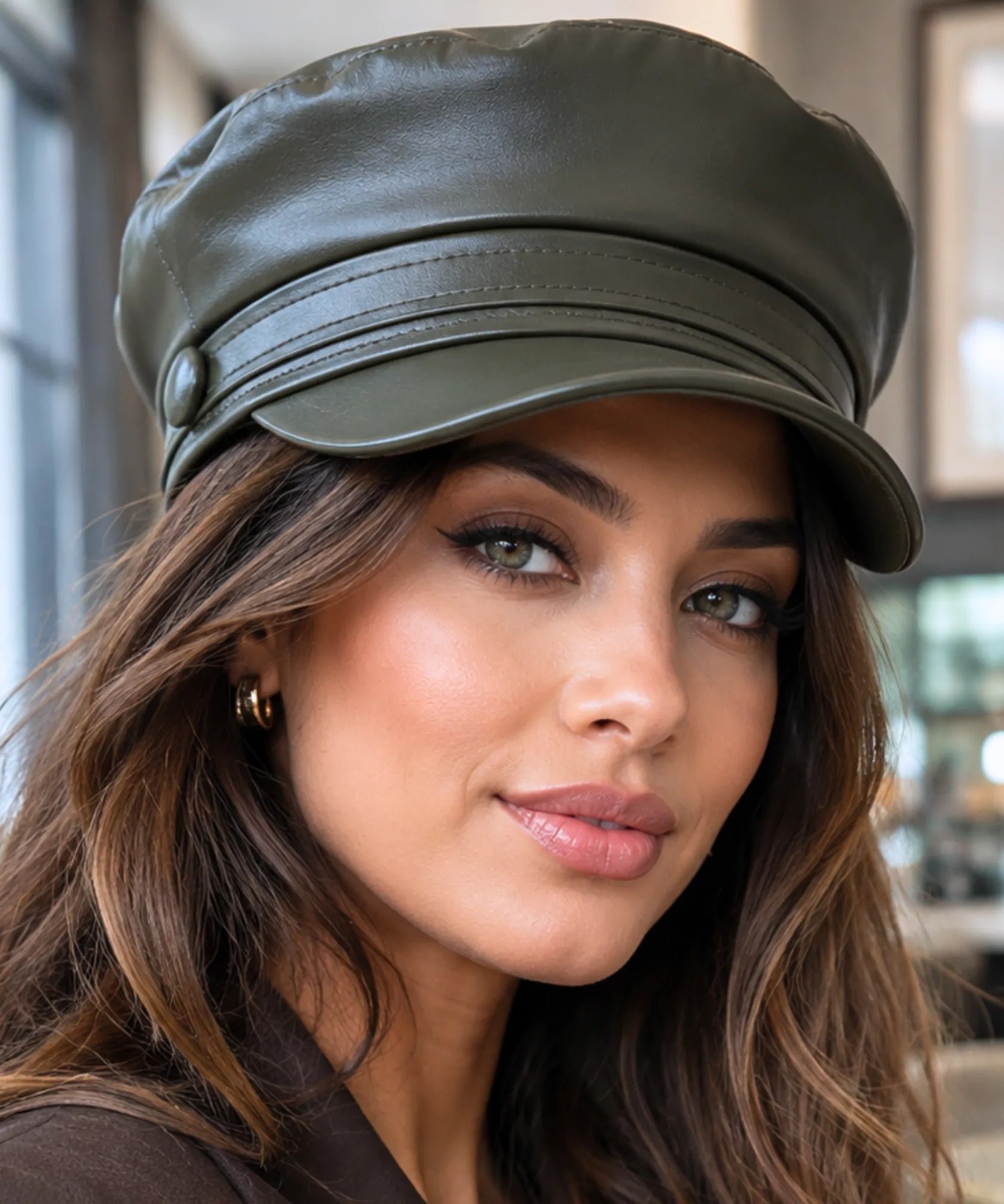 Women's Olive Green Leather Newsboy Cap