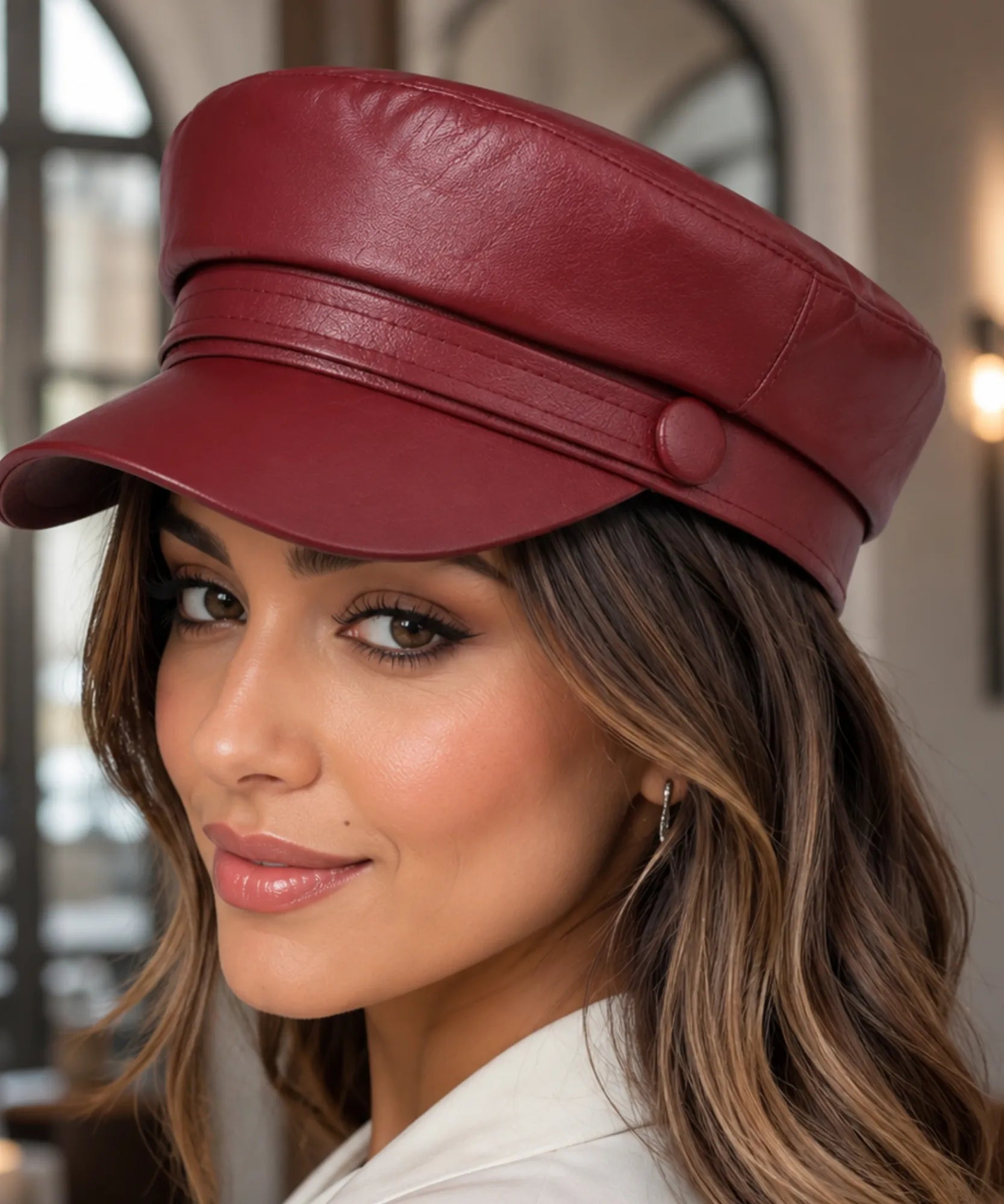 Women's Burgundy Leather Newsboy Cap