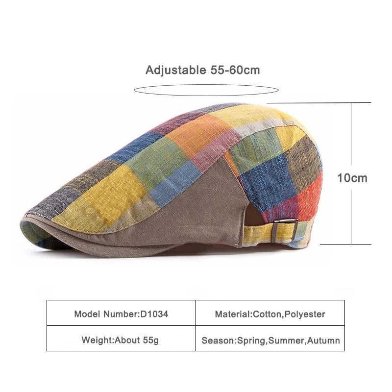 Adjustable buckle strap detail on the patchwork plaid newsboy cap