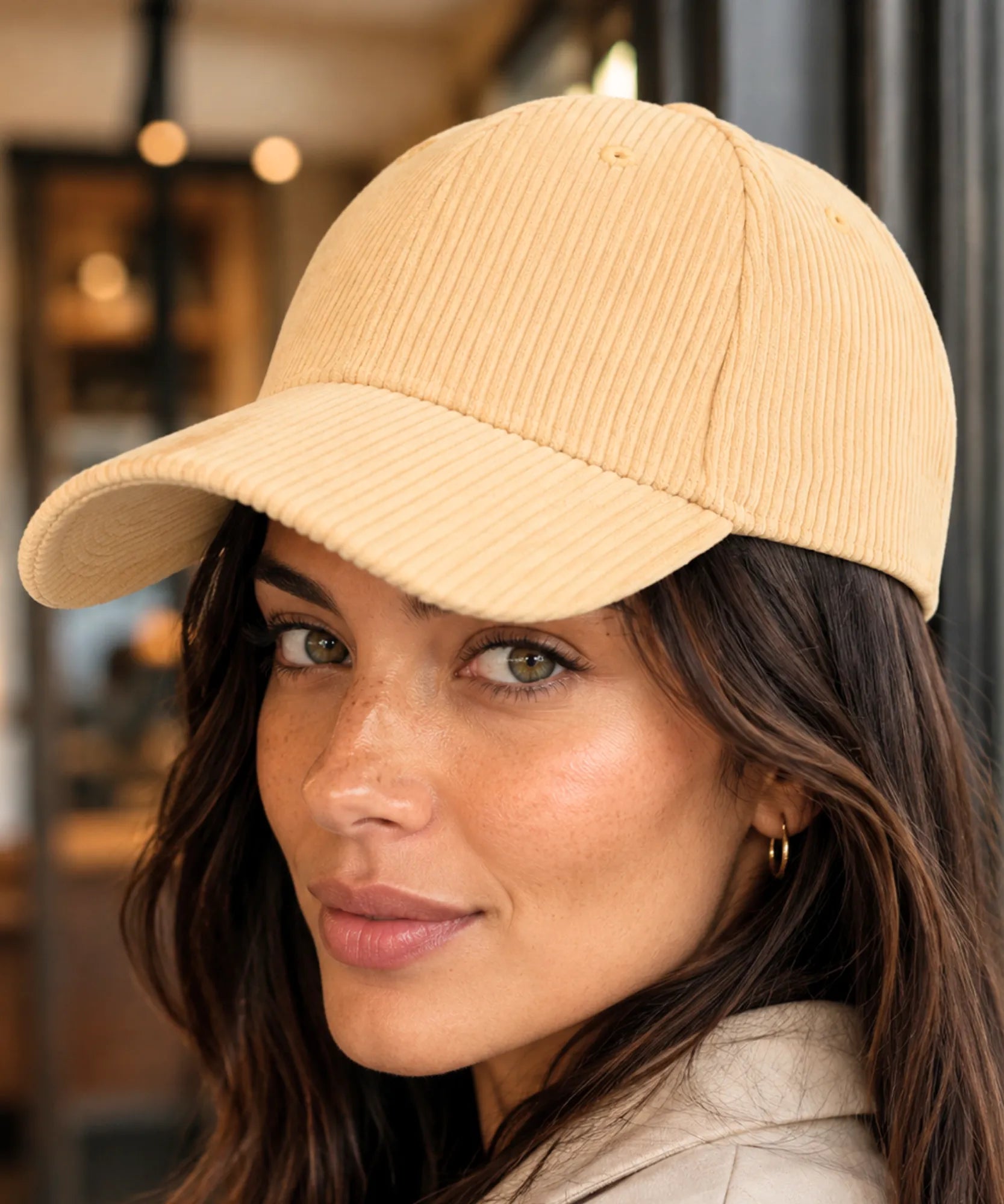Women's corduroy baseball cap in light yellow, profile angle