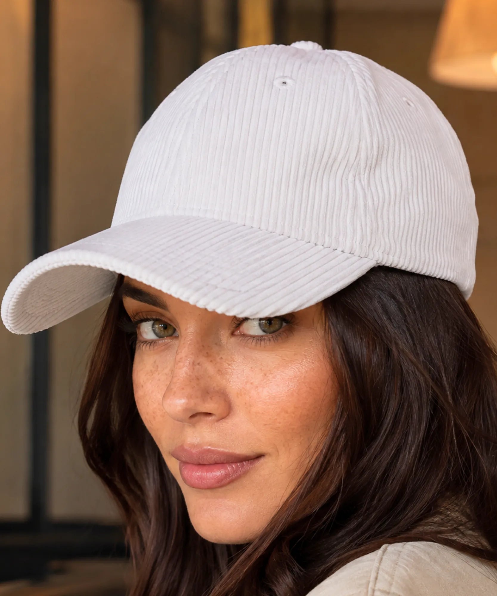 Women's corduroy baseball cap in white, side view