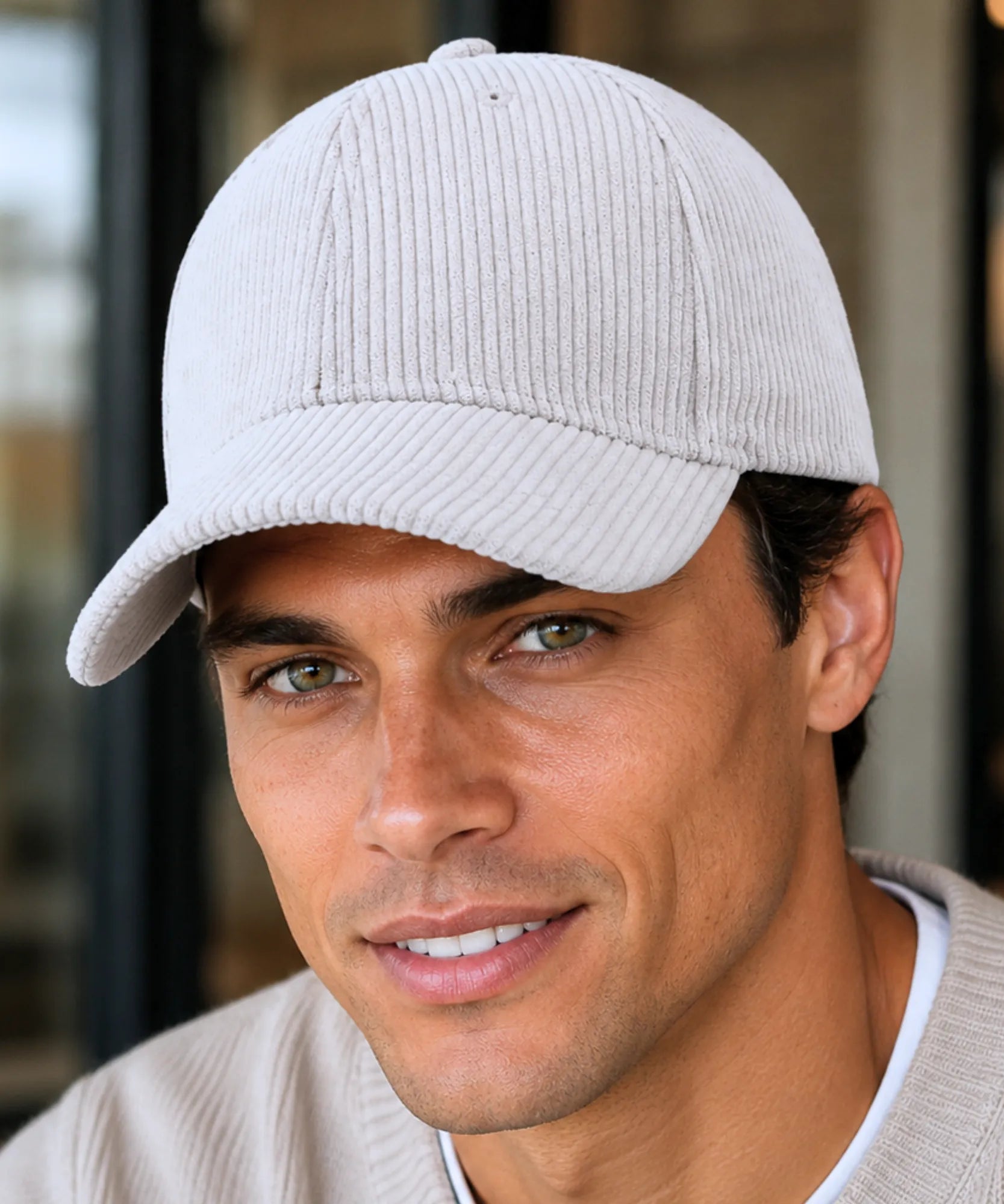 Women's corduroy baseball cap in white, alternate side view