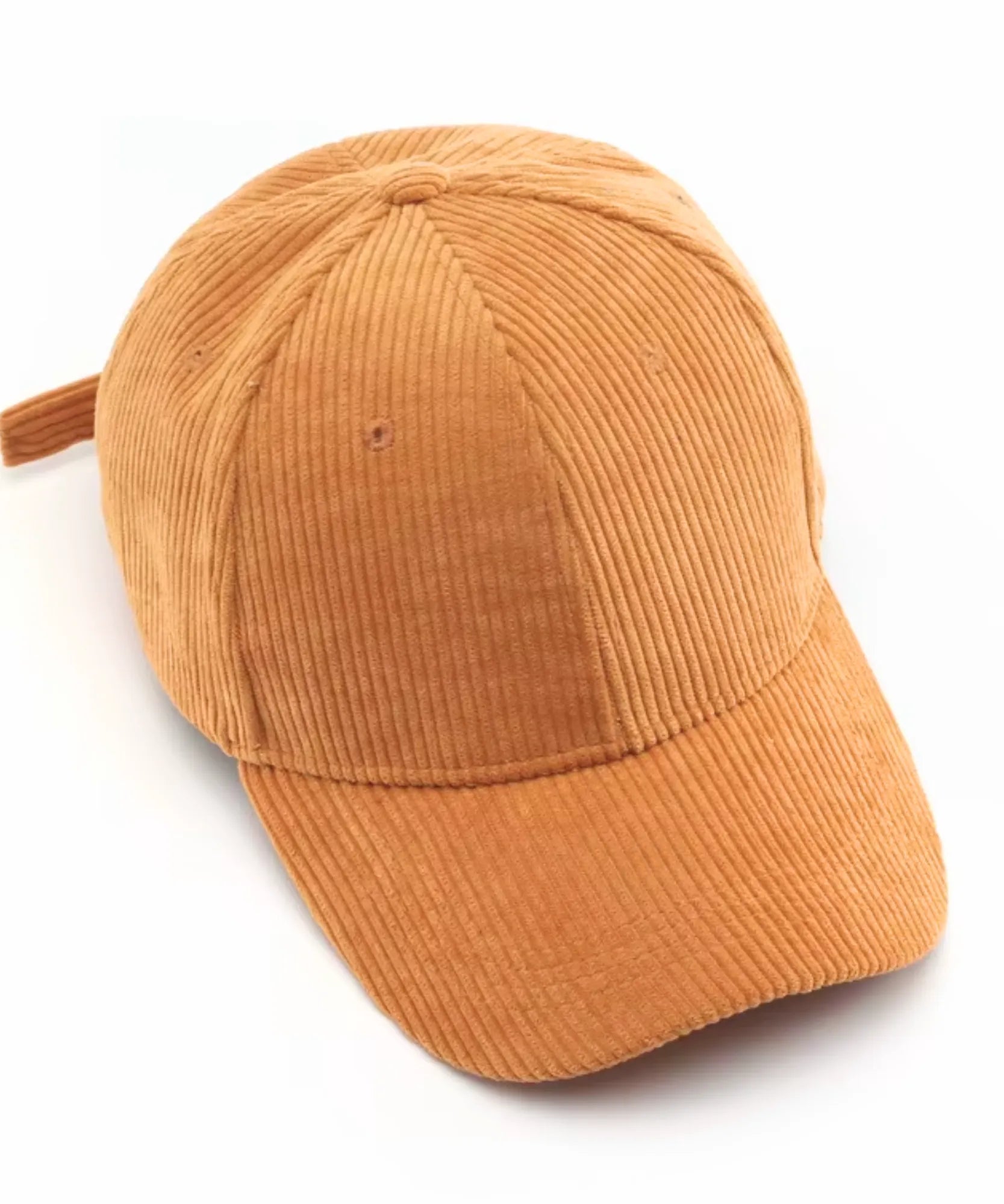 Women's corduroy baseball cap in camel with a ribbed texture