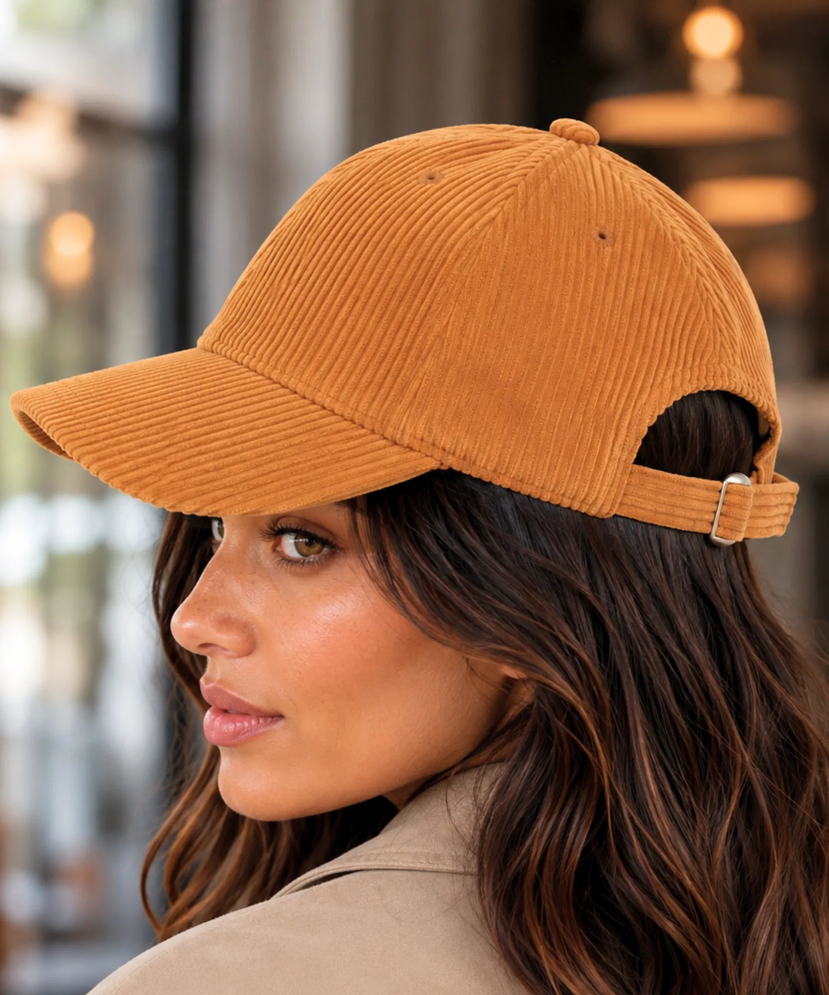 Women's corduroy baseball cap in camel with a curved brim