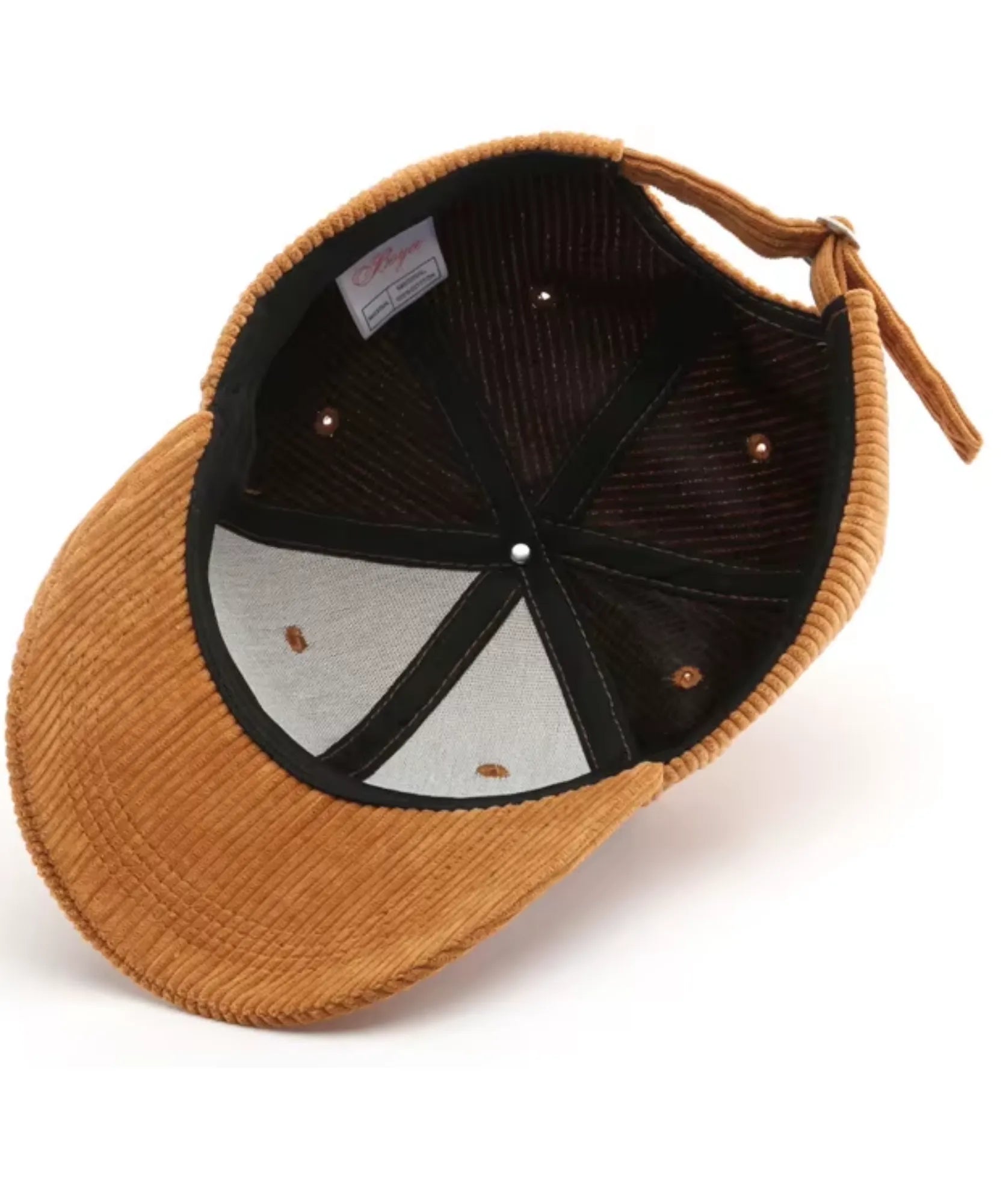 Women's corduroy baseball cap in camel, interior lining and seam detail
