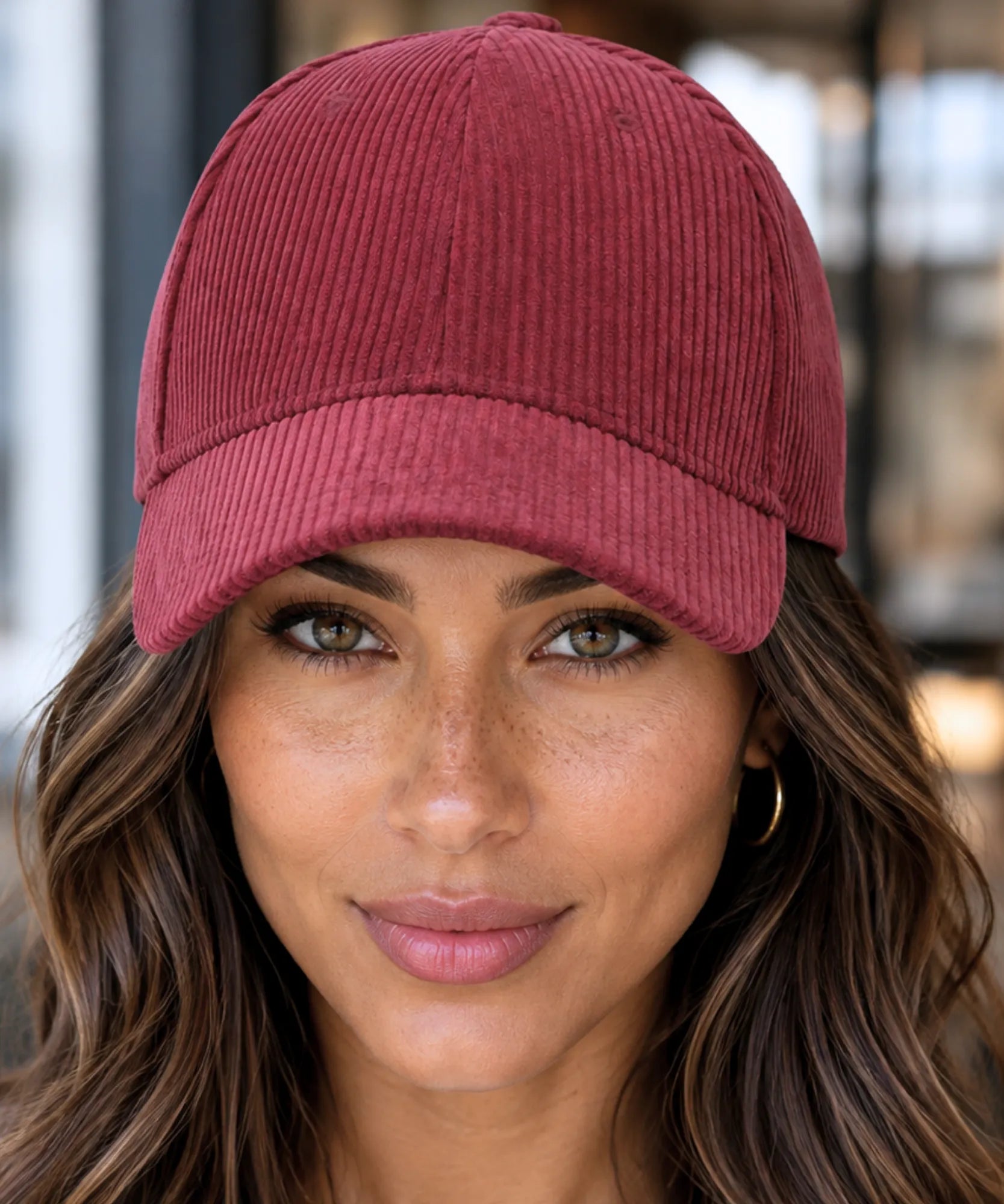 Women's corduroy baseball cap in brick red, front view