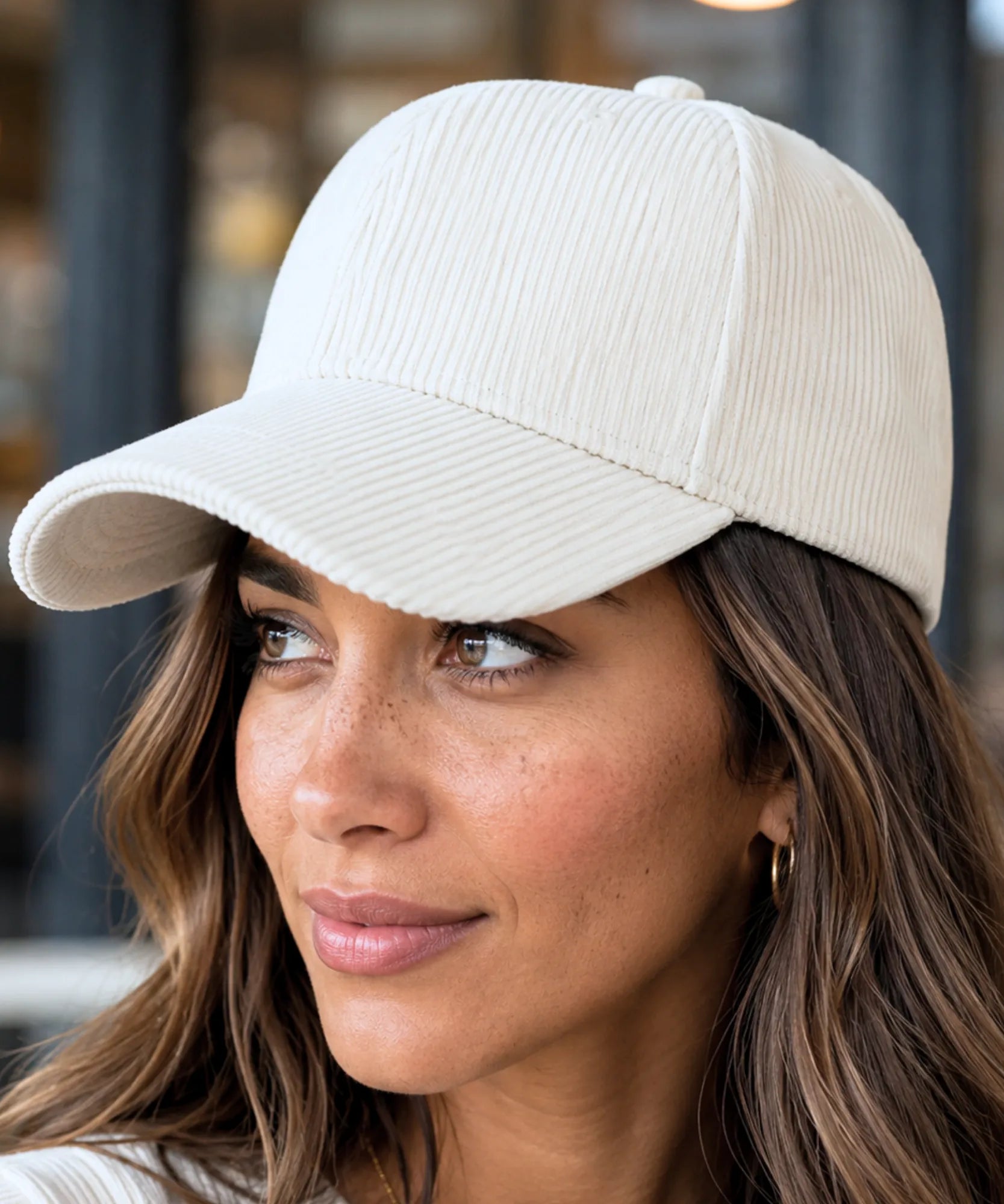 Women's corduroy baseball cap in ivory, side view