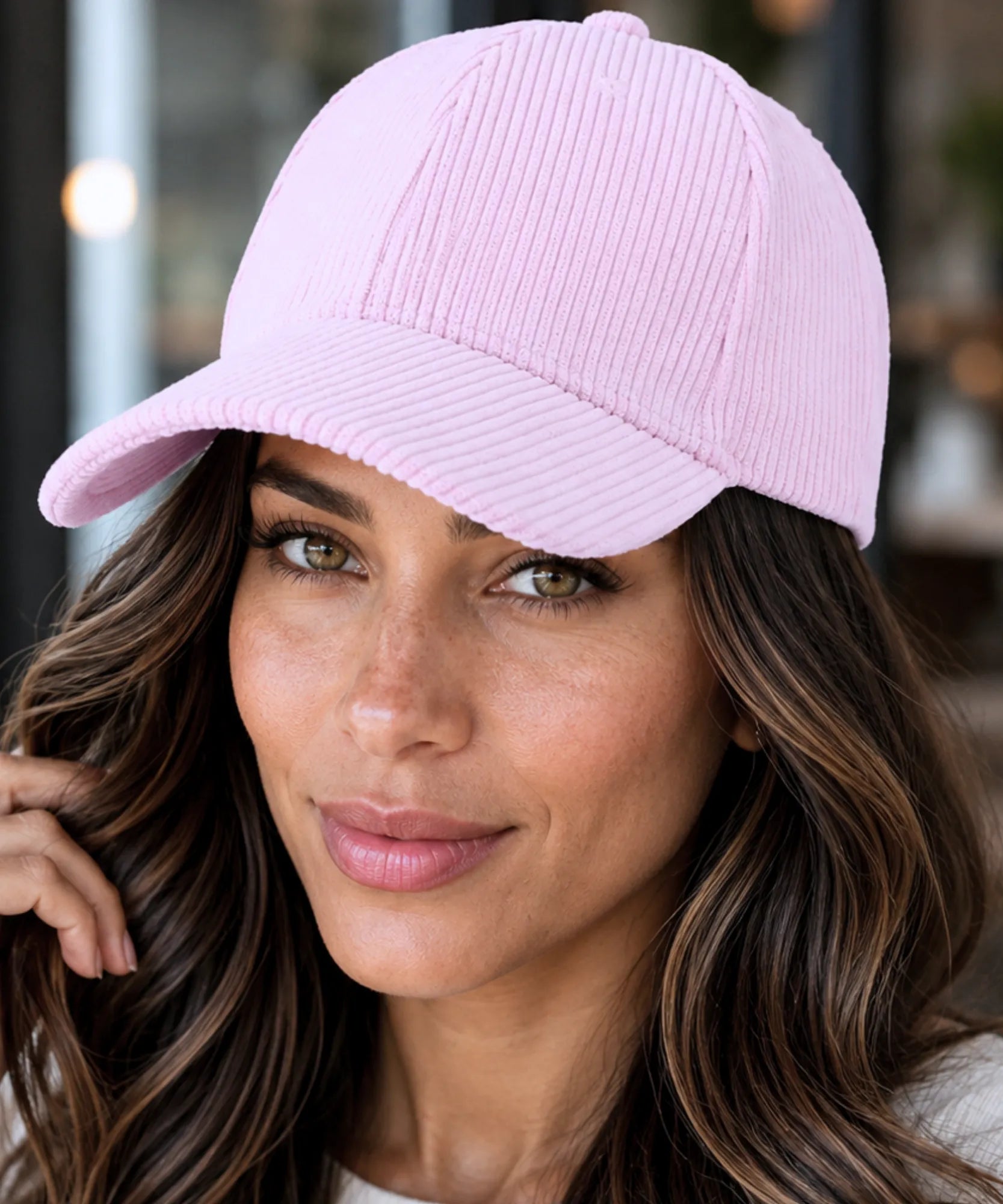Women's corduroy baseball cap in light pink, front view