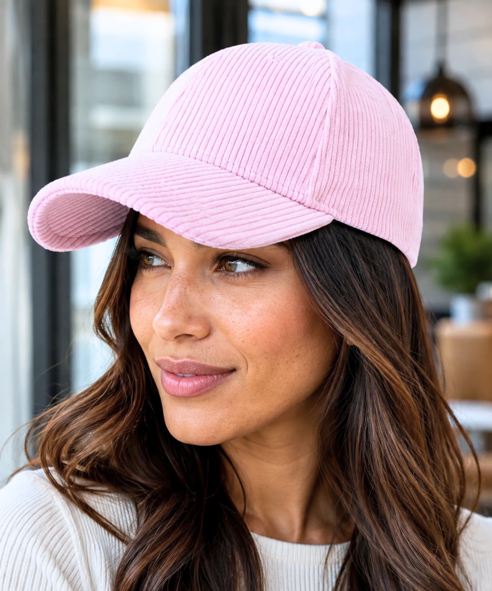 Women's corduroy baseball cap in light pink, three-quarter angle