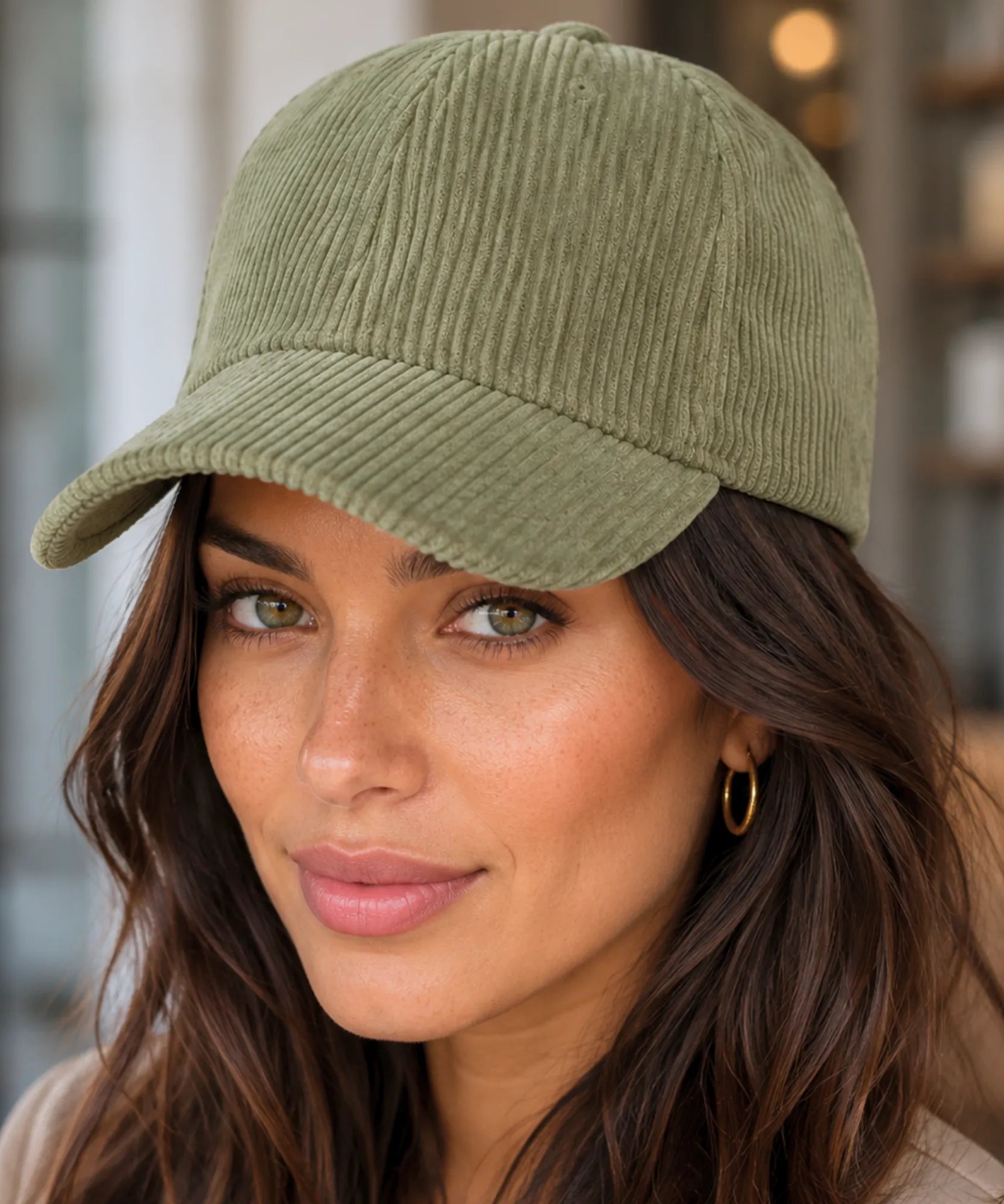 Women's corduroy baseball cap in olive green, front view