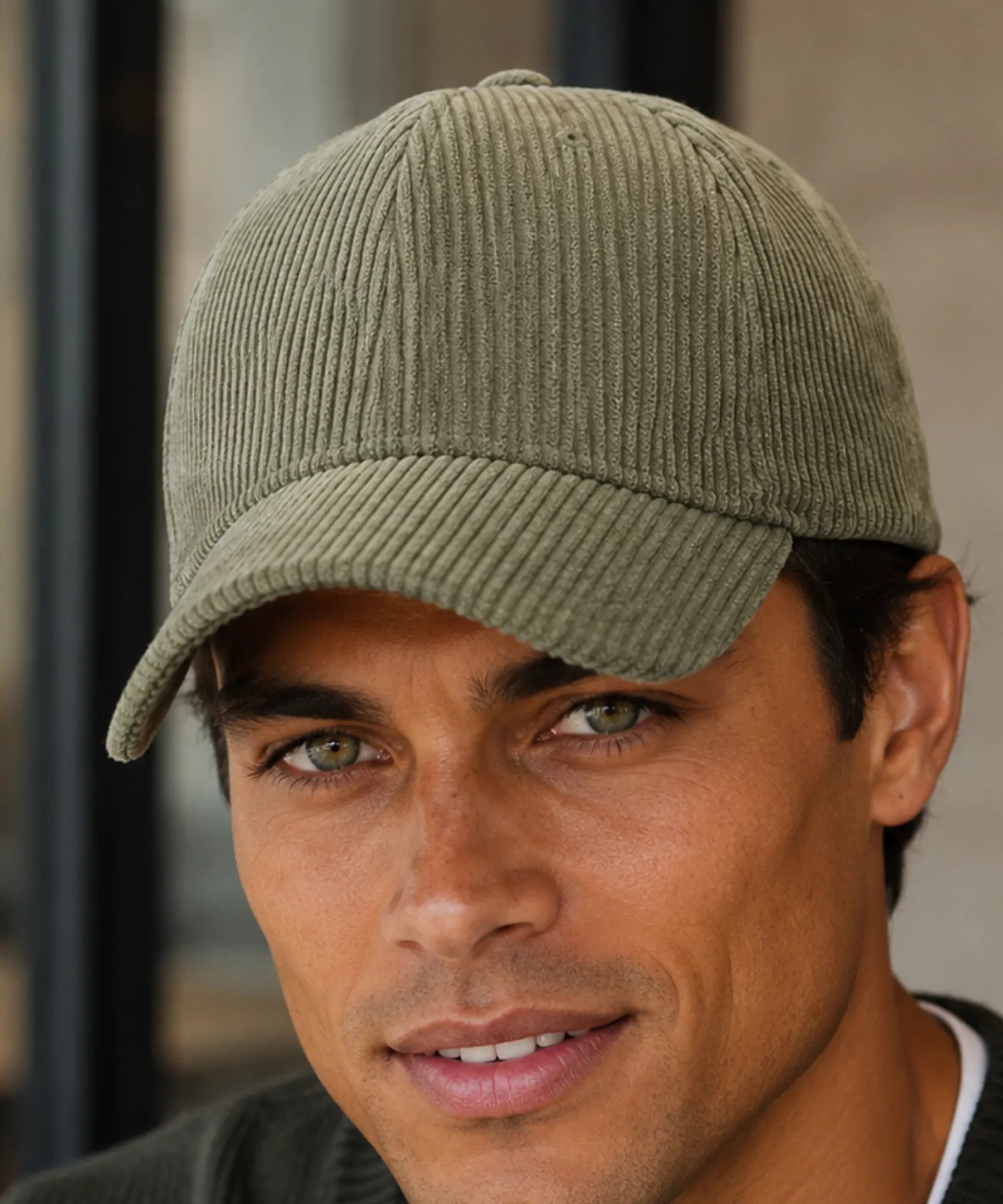 Women's corduroy baseball cap in olive green, alternate angle