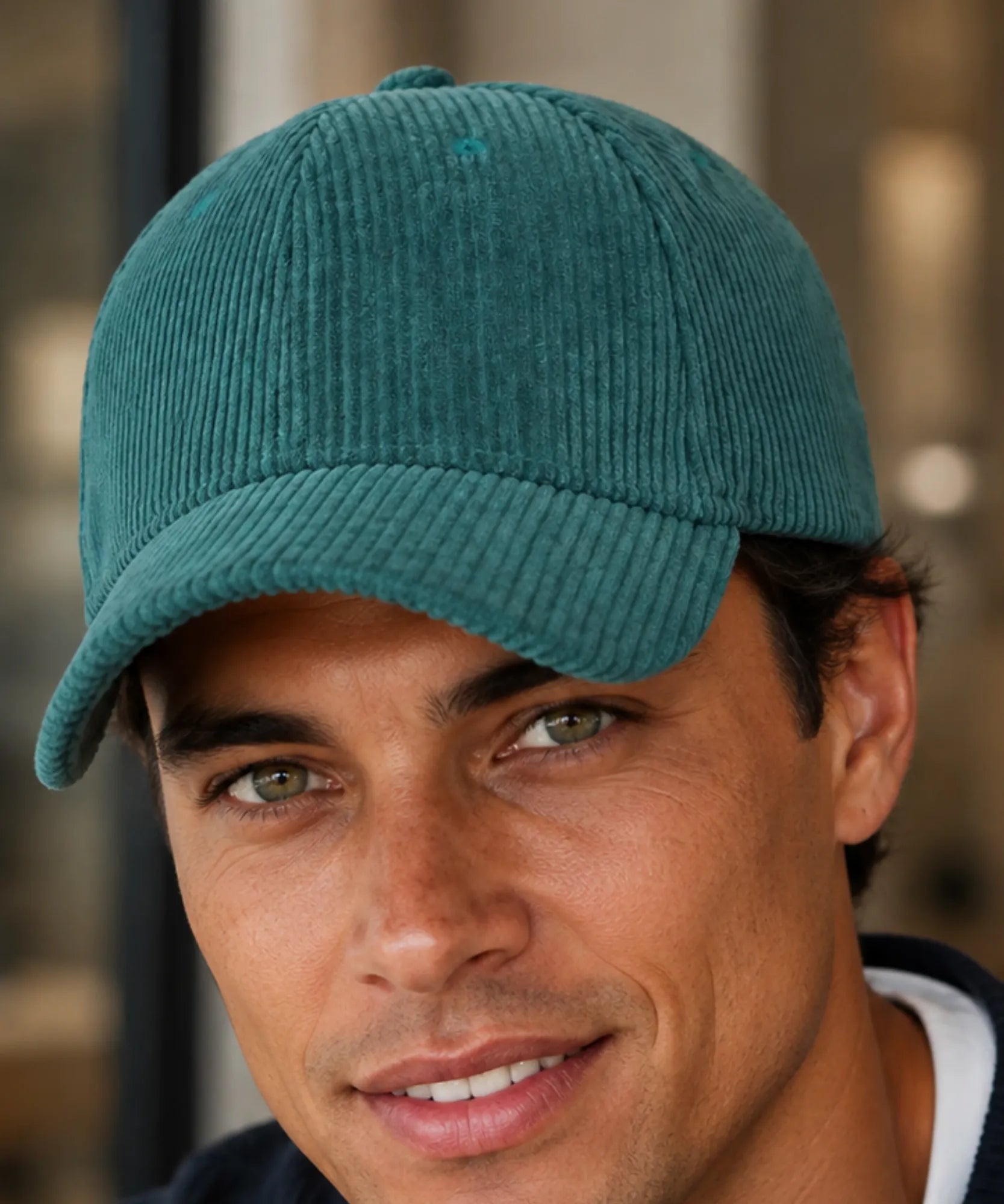 Women's corduroy baseball cap in teal, front view