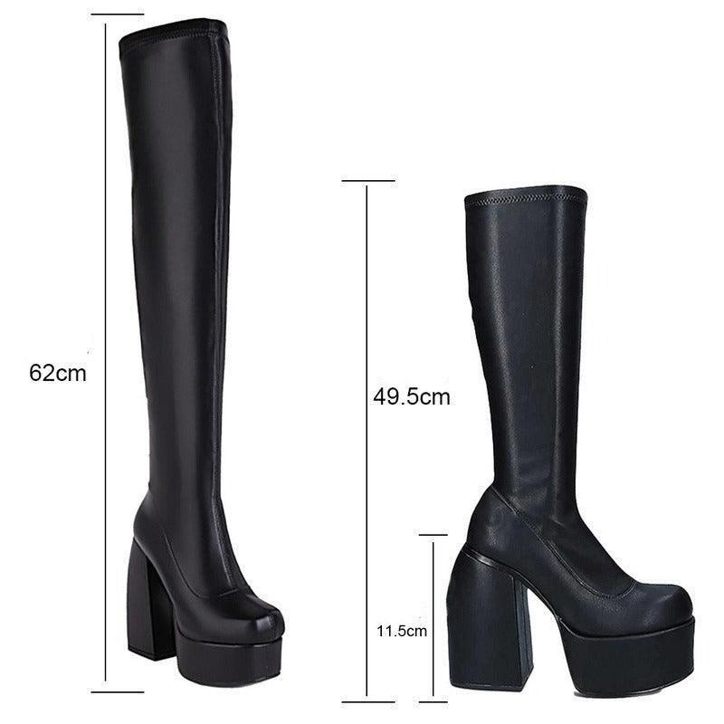 Comprar bota plataforma cano alto feminina em couro sintético com salto grosso para looks ousados e elegantes de inverno barato VIZZANO