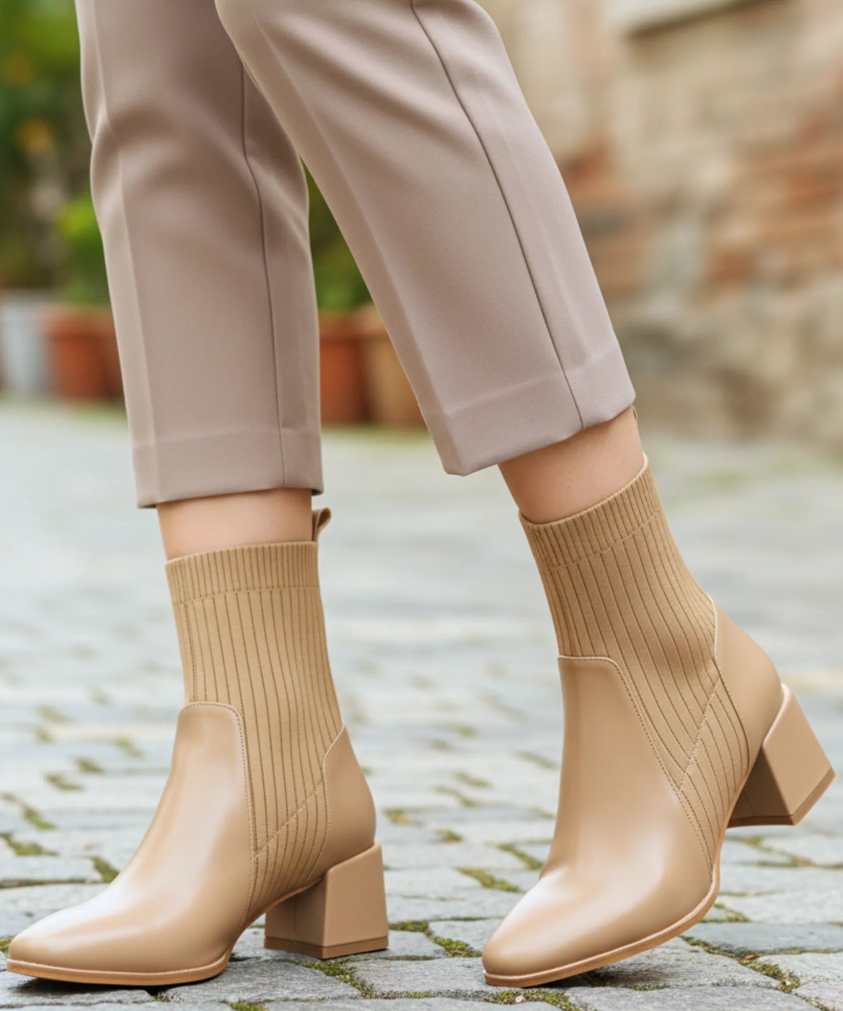 Comprar bota feminina cano curto knit malha tricot bico quadrado salto bloco couro ecológico promoção ZARA