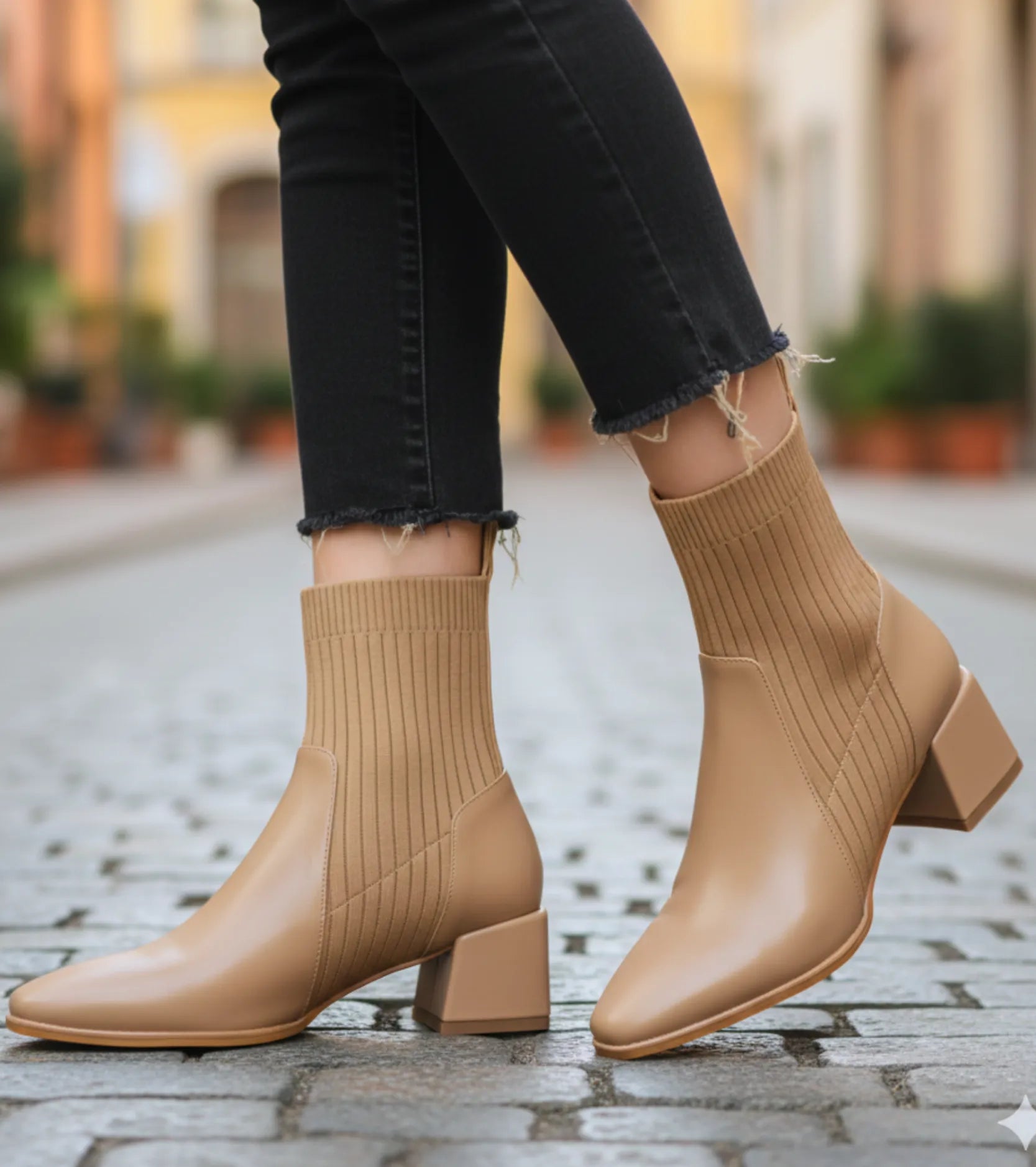 Comprar bota feminina cano curto knit malha tricot bico quadrado salto bloco couro ecológico promoção ZARA