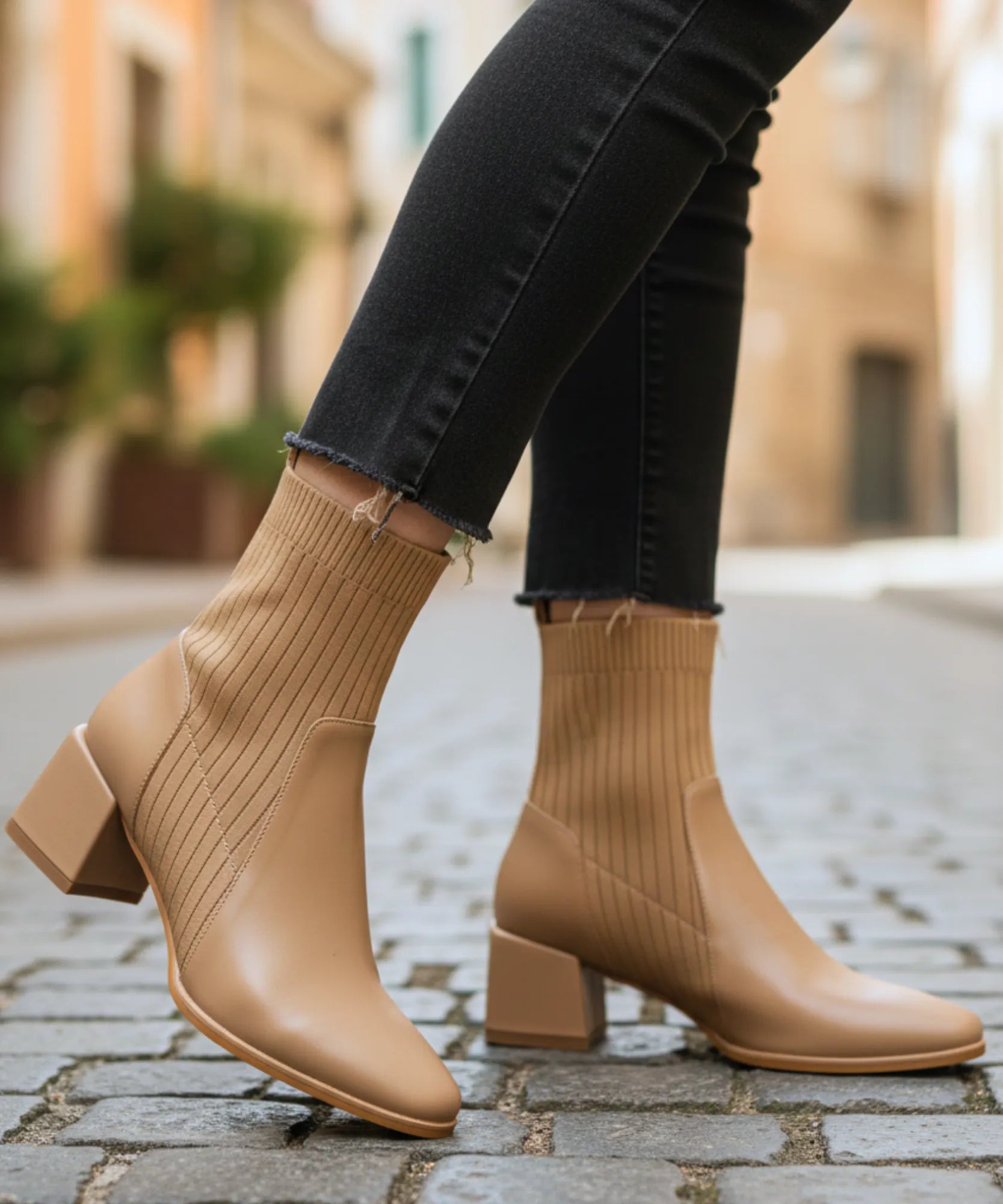 Comprar bota feminina cano curto knit malha tricot bico quadrado salto bloco couro ecológico promoção ZARA