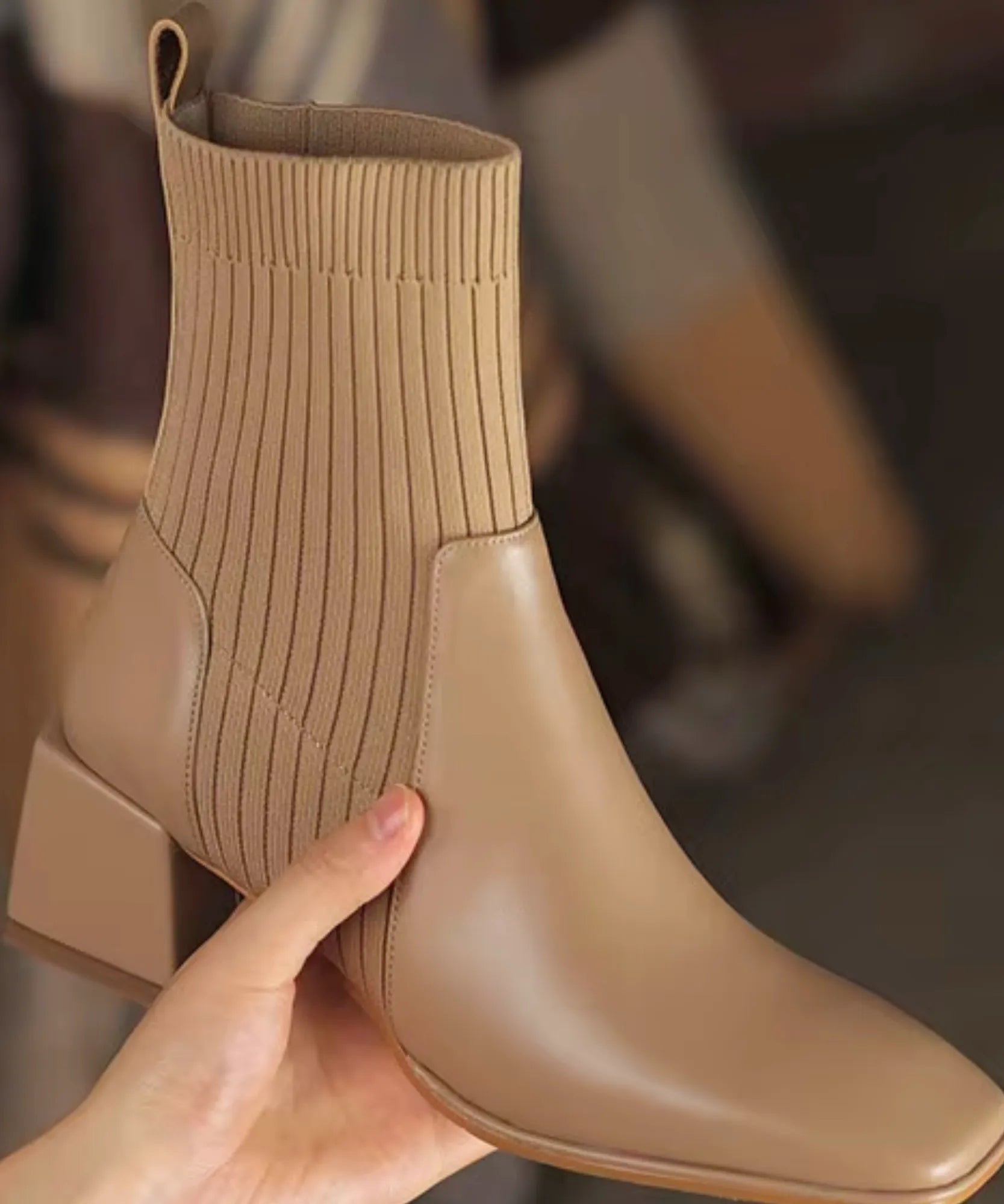 Comprar bota feminina cano curto knit malha tricot bico quadrado salto bloco couro ecológico promoção ZARA