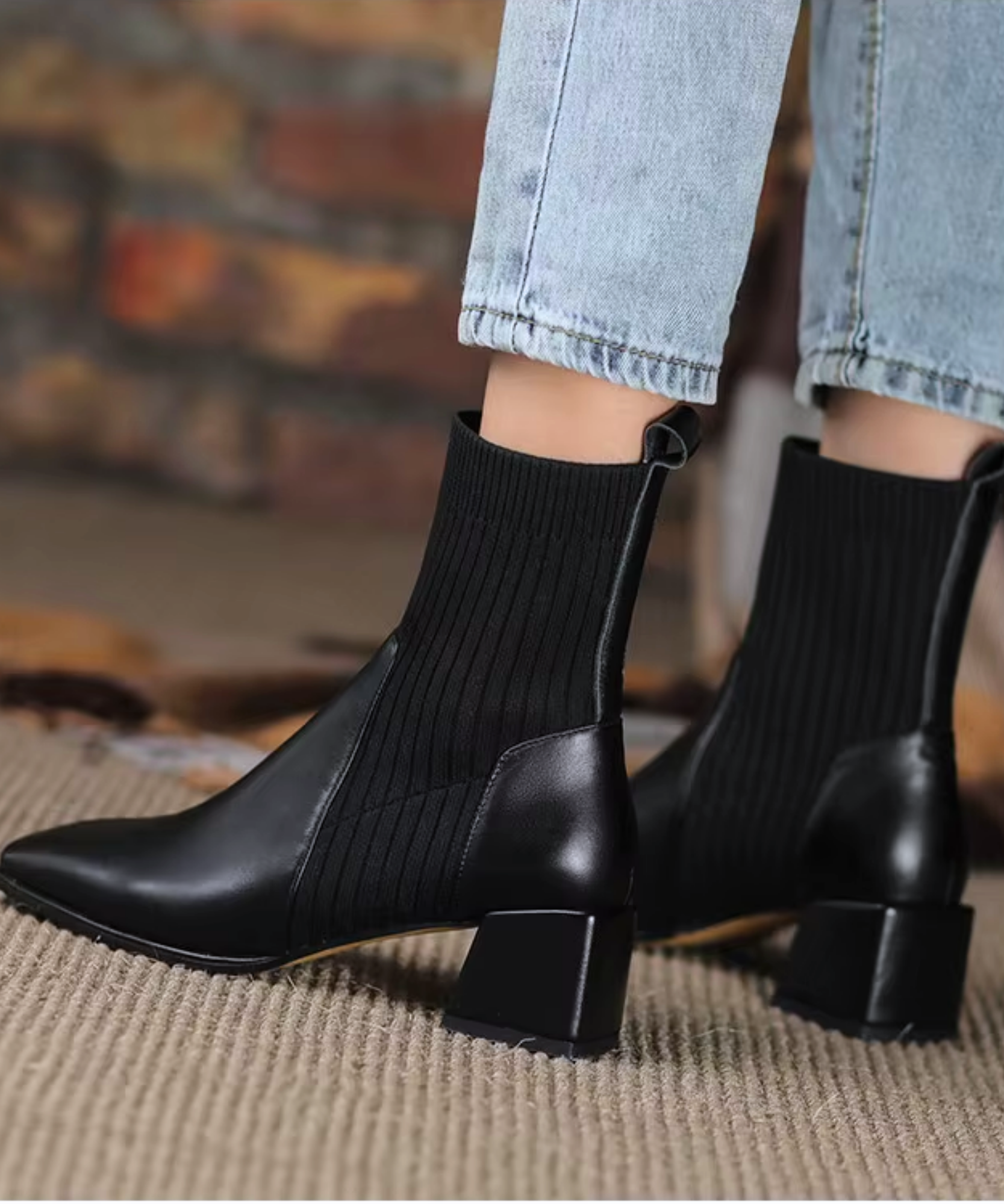Comprar bota feminina cano curto knit malha tricot bico quadrado salto bloco couro ecológico promoção ZARA