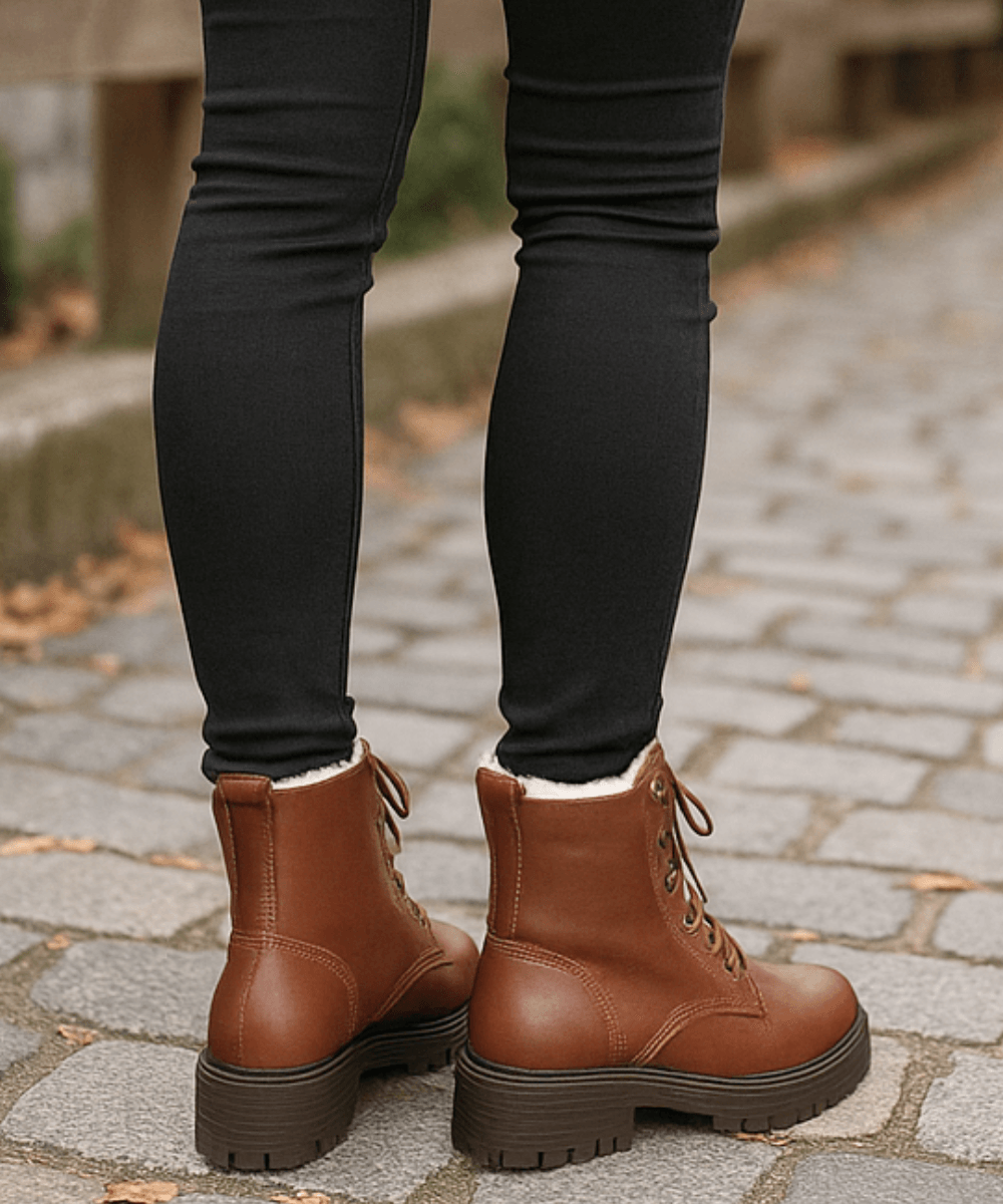 Comprar bota feminina tratorada de couro legítimo com solado robusto e cano curto para estilo urbano com conforto ANELLIMN