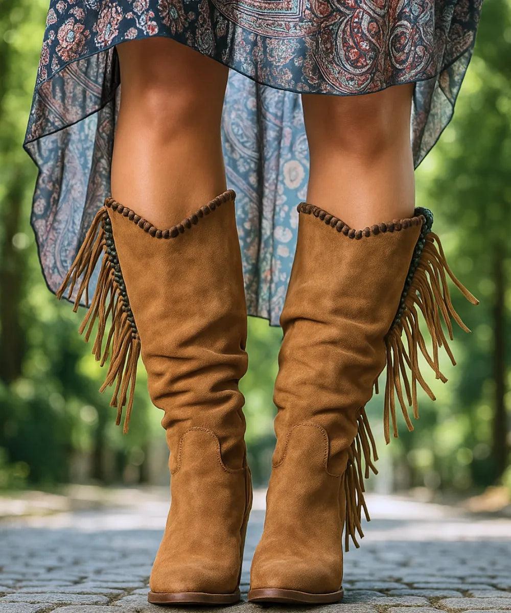 Comprar bota texana feminina com franjas e salto bloco estilo country confortável e elegante em oferta exclusiva barato VIZZANO