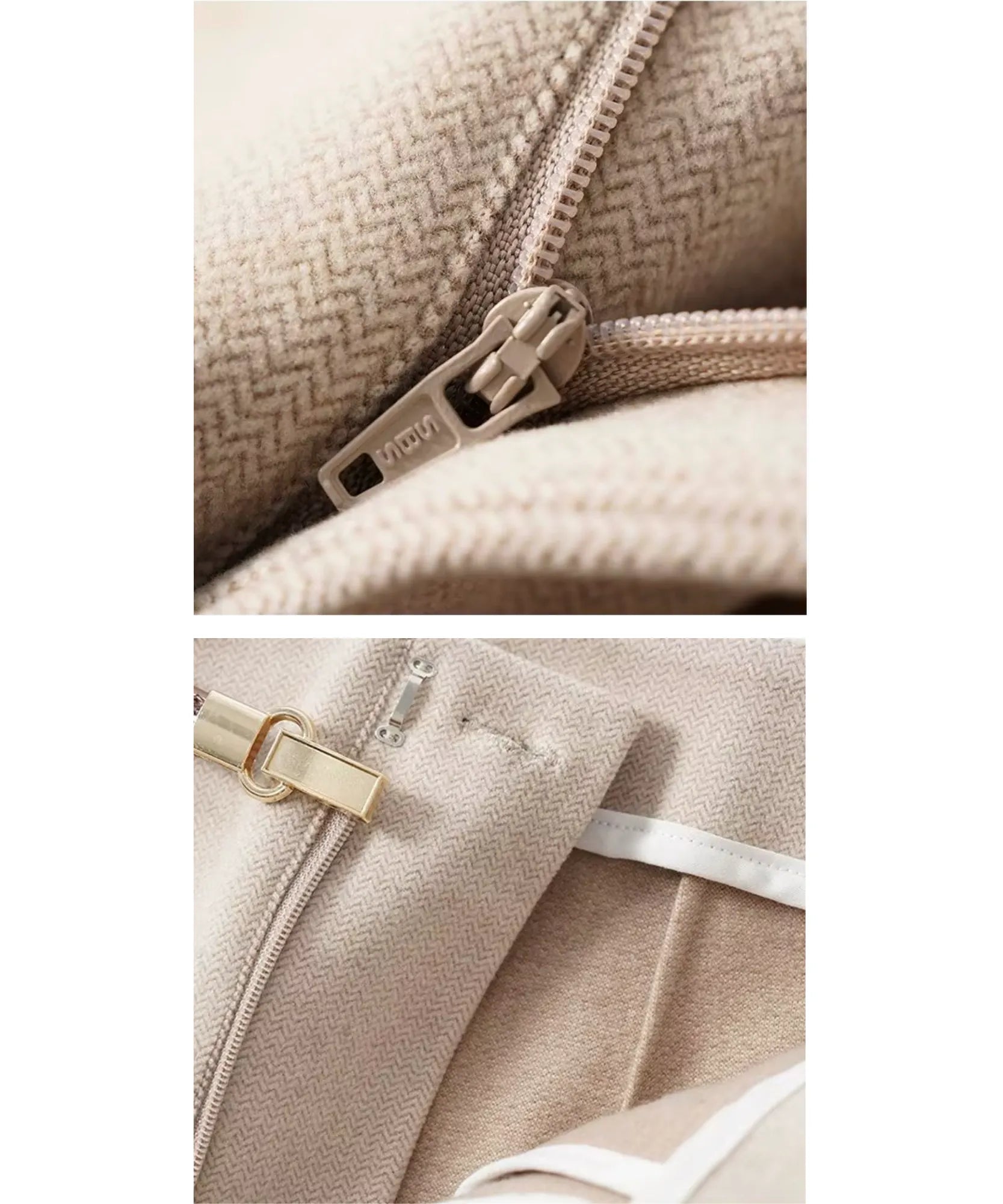 Close up of the zipper and hook closure on beige herringbone trousers