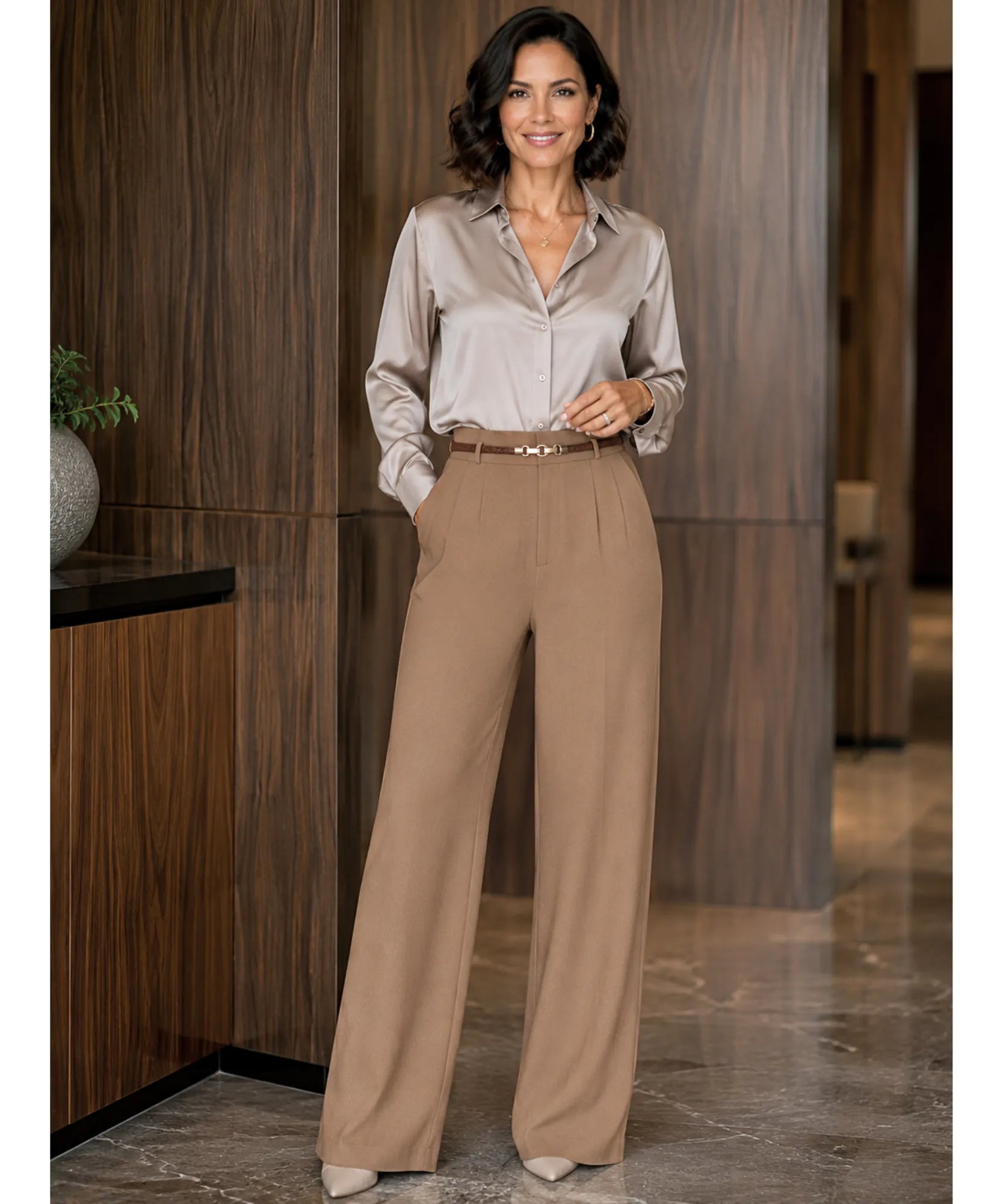Women's high waisted wide leg trousers in camel styled with a satin shirt