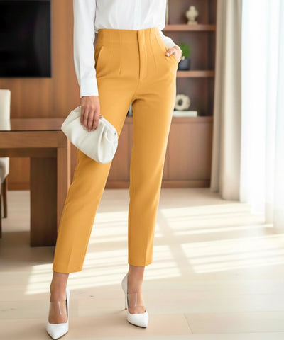 Comprar calça alfaiataria feminina amarelo cintura alta com zíper lateral elegante para escritório barato ou em promoção ZARA
